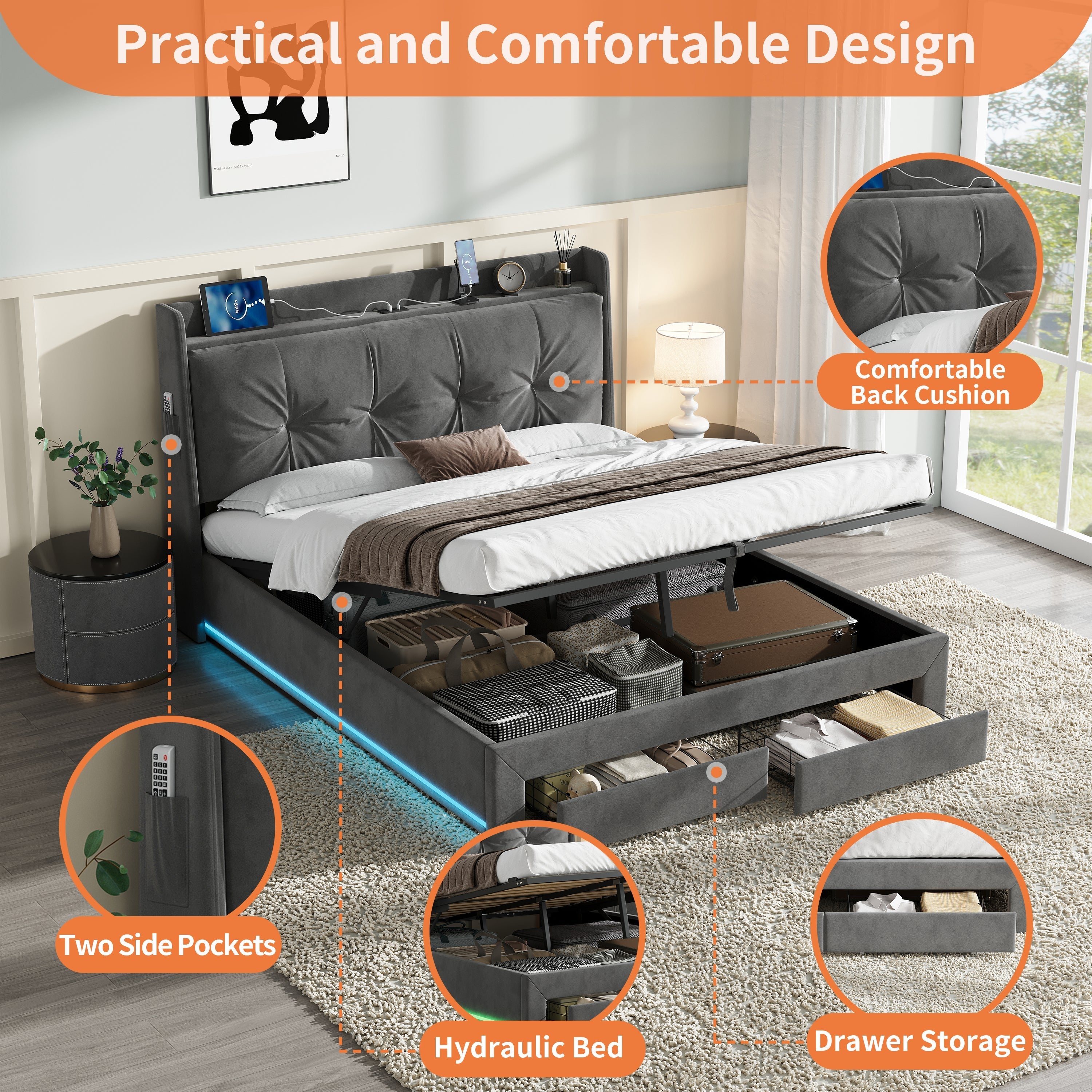 Double Upholstered Bed Frame with Hydraulic Storage, Charging Station, and RGB LED Lighting, Grey Velvet