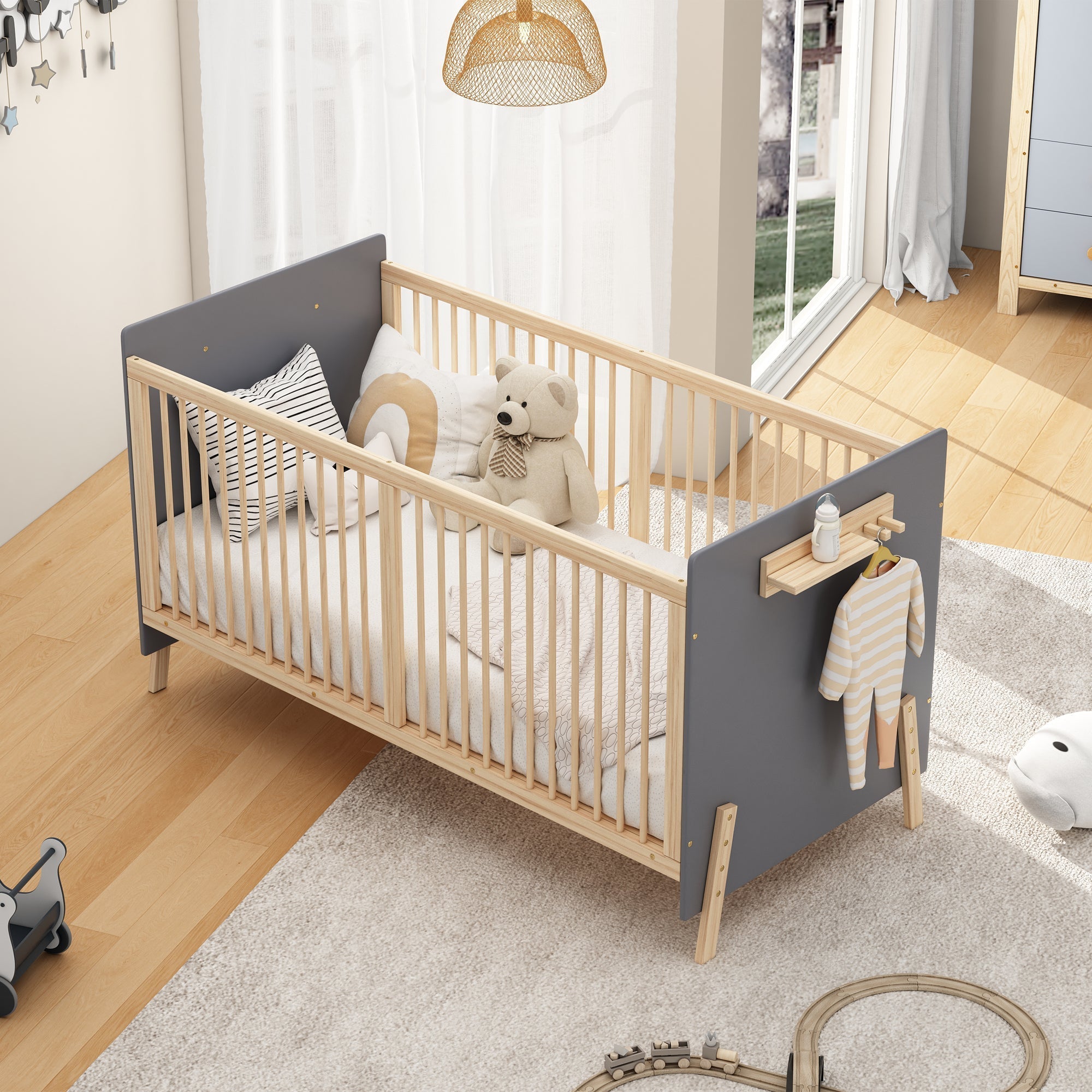 Solid Wood Baby Bed Adjustable Children's Cot/Sofa Bed 3-Stage Height Blue-Grey Natural Wood