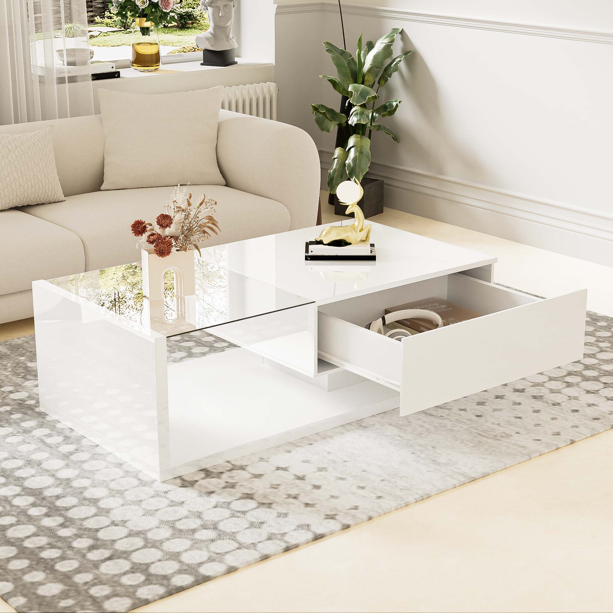 Coffee table, high-gloss white
  Side table, coffee table, with glass and LED effect