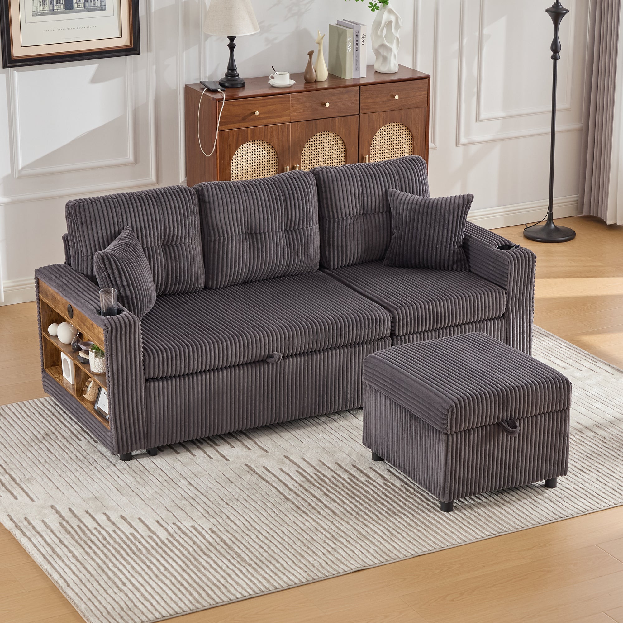 Multifunctional Sofa with Storage & Pull-Out Bed, USB-C, Ambient Light, Corduroy
