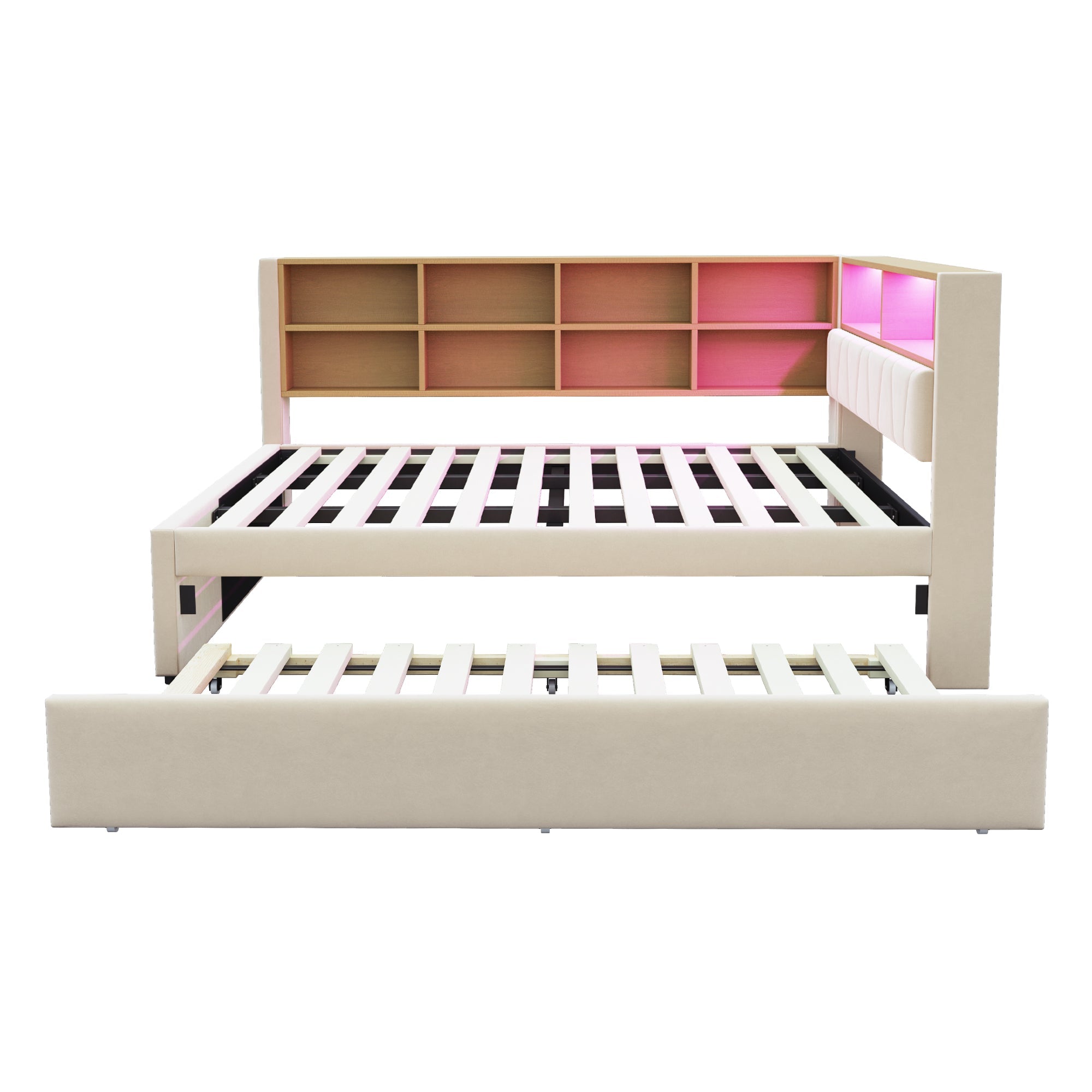 Sofa Bed 140x200, Pull-out 90x190, LED Lights & Storage, Flannel Beige