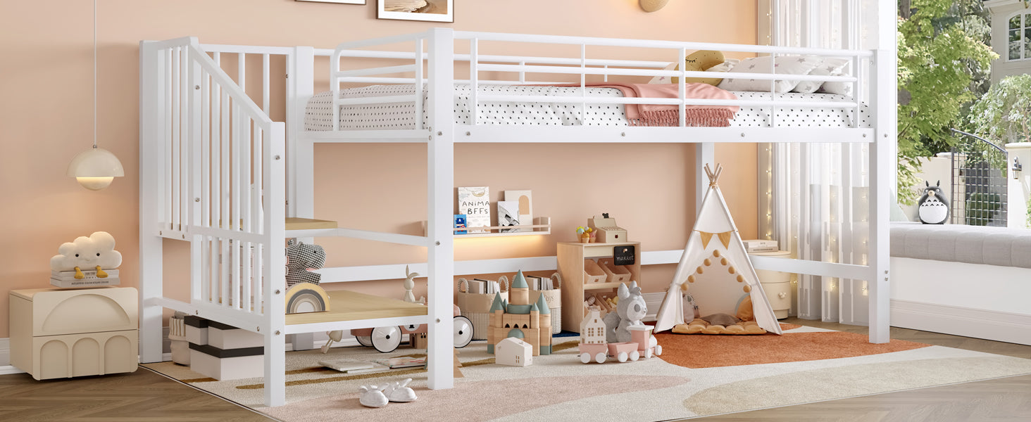 Semi-high Loft Bed 90x200 with Storage Stairs, White