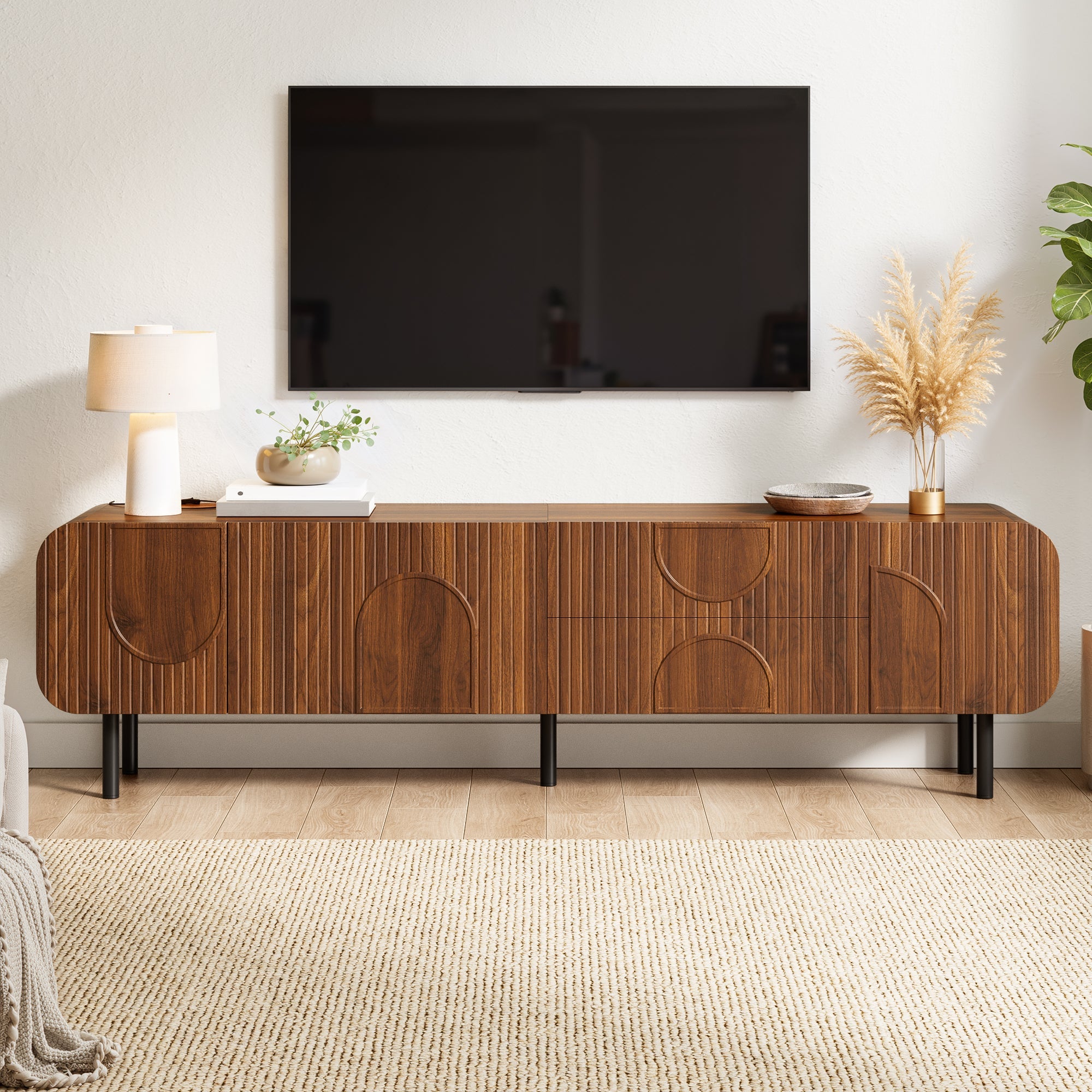 TV Cabinet with 3 Doors, 2 Drawers and Vertical Grooves, Mid-Century Style with Metal Legs