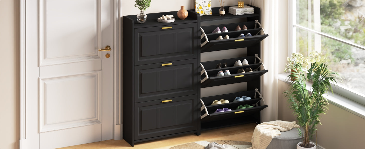 Shoe Cabinet Set with 6 Compartments and 2-Piece Design, Black MDF and Chipboard