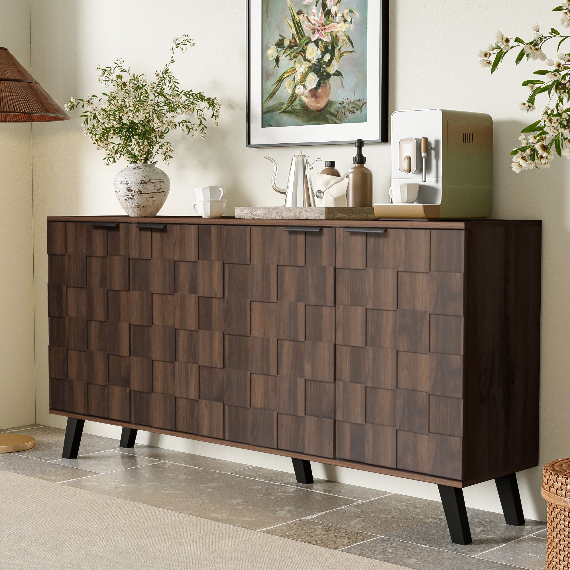 Modern Sideboard, 4 Doors 160.5x35.5x78 cm, Dark Wood Grain