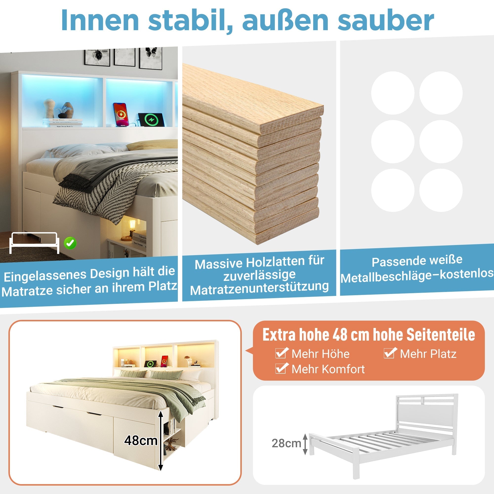 Functional Bed with LED, USB-C Charging, Storage and Movable Bedside Table, 90x200cm, White Wood