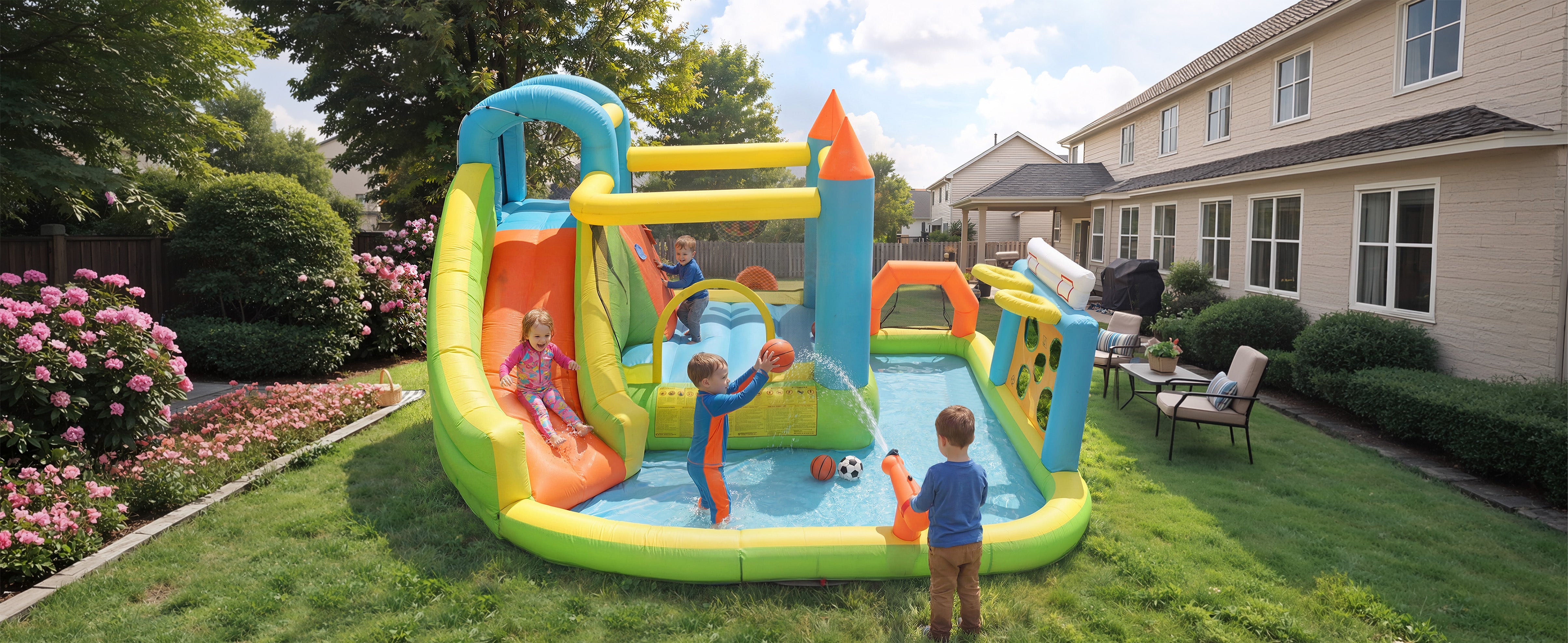 Inflatable Bouncy Castle with Slide, Water Pool and Basketball Hoop, 360x320x200cm, Multicolor