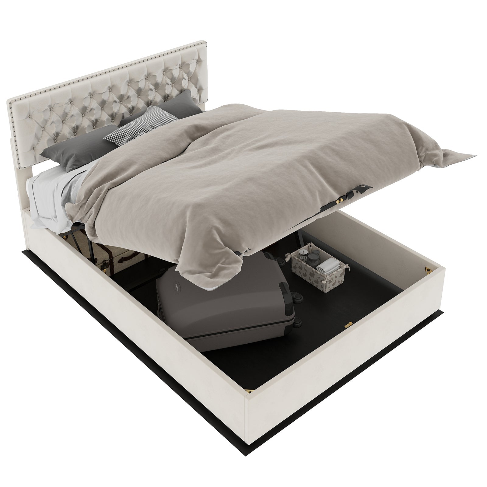 Modern Minimalist Soft Bed with Hydraulic Storage and 160x200cm Frame, Beige Dutch Velvet