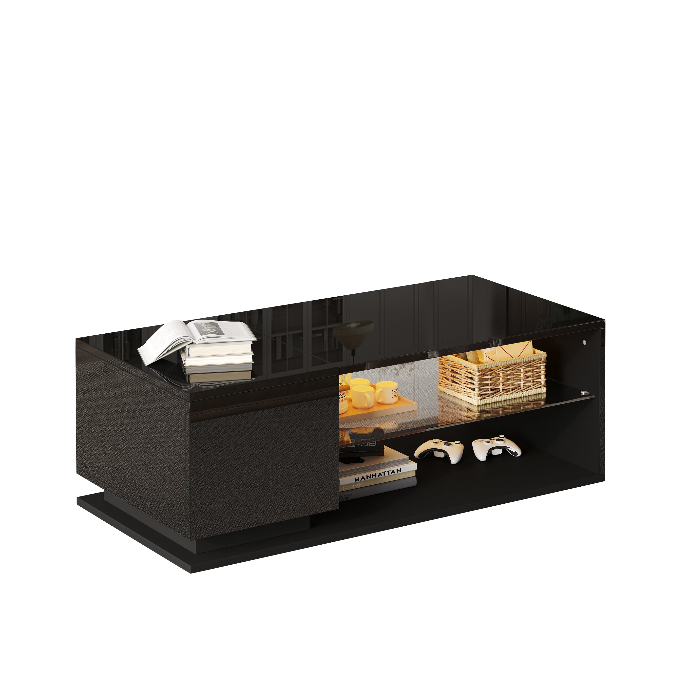 LED Coffee Table with High-Gloss Storage and APP LED Lights, Black High-Gloss