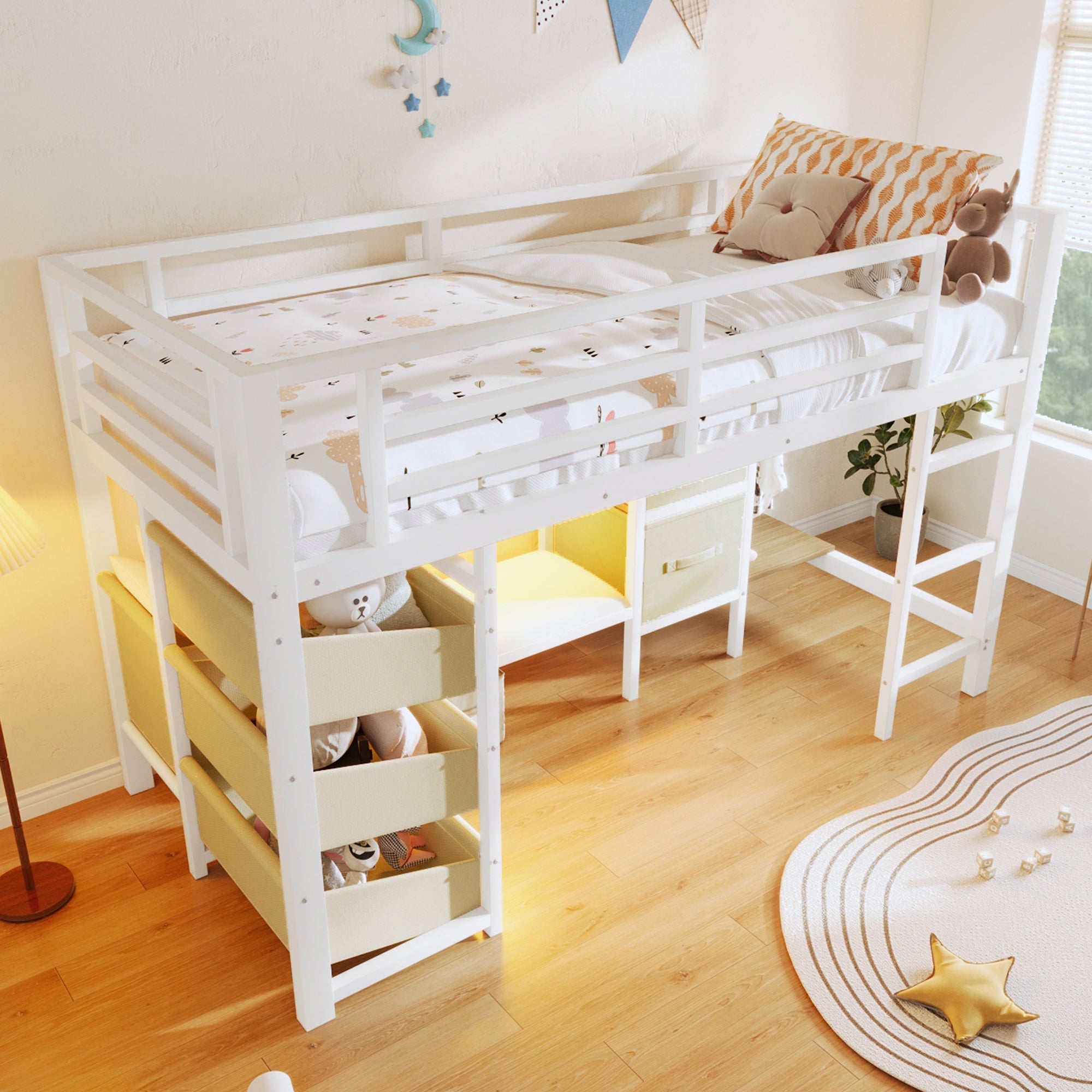 Mid-Height Bed with Storage Drawer and LED Lighting, 90x200 cm, Metal, White