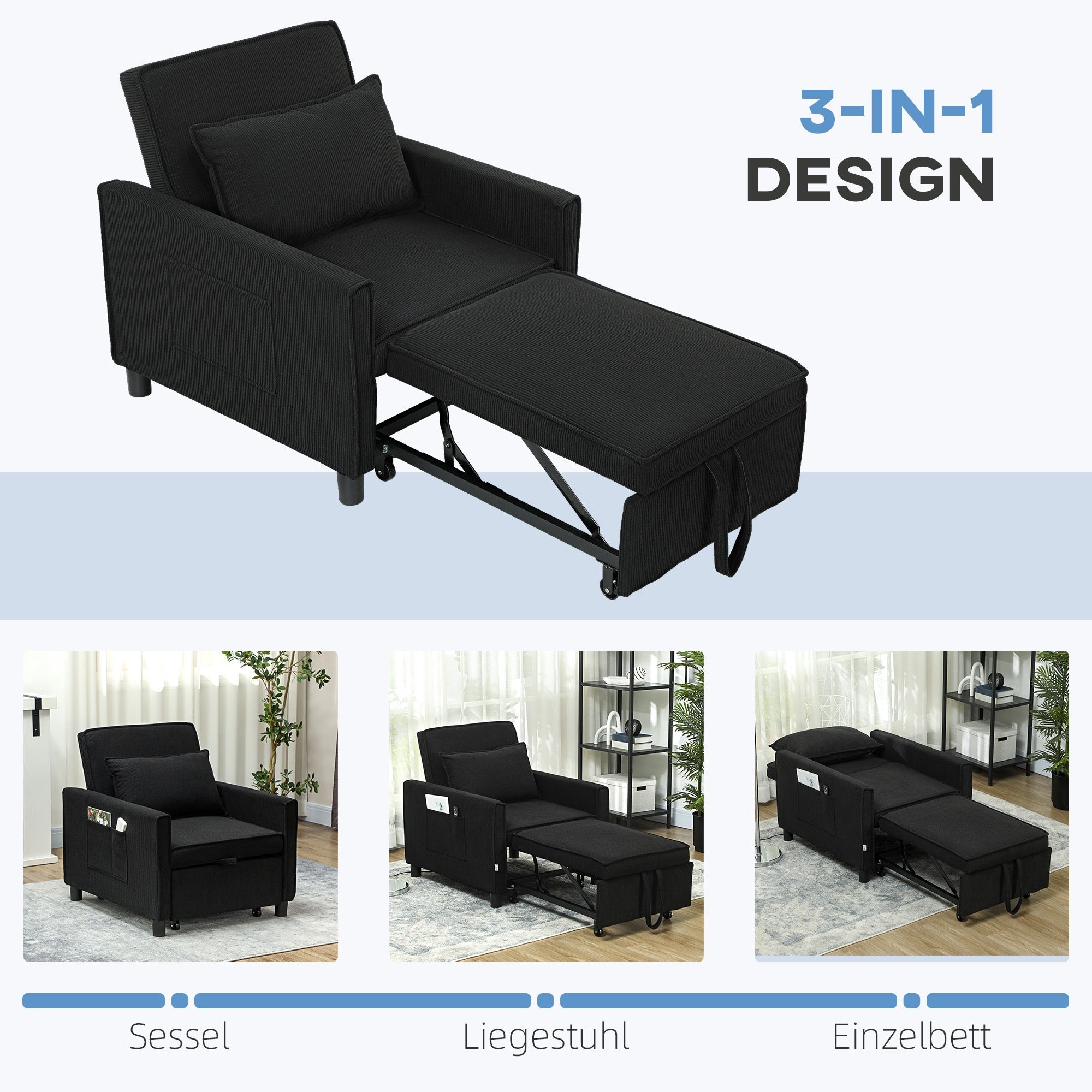 3-in-1 Sleeper Chair Folding Bed Recliner Adjustable Support Corduroy Black