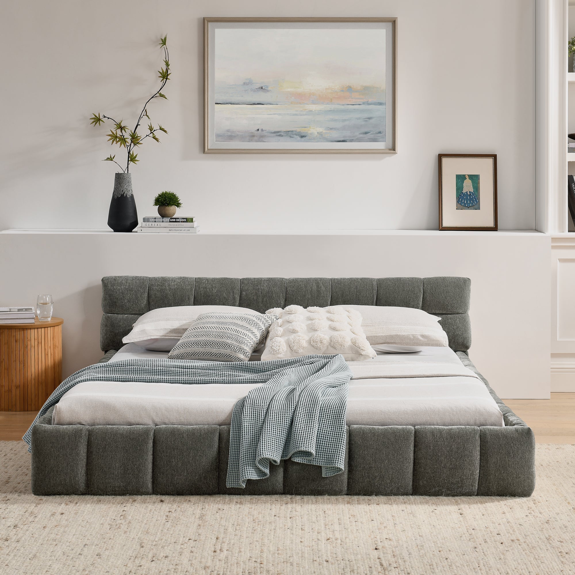 Double Bed 160x200cm Chenille Quilted Eucalyptus Wood Frame, Dark Grey