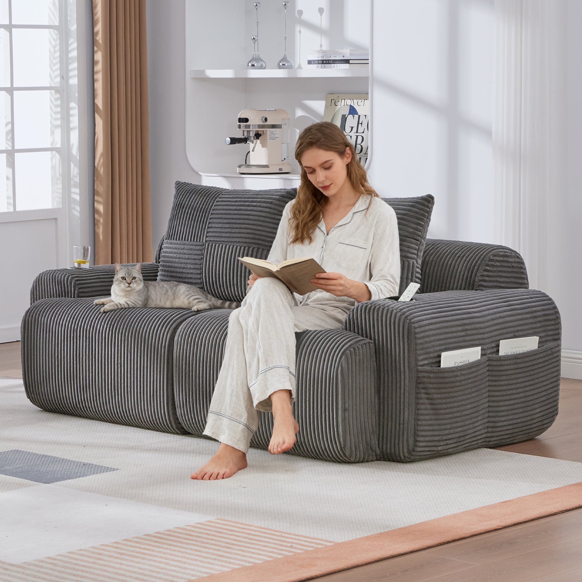 Modular Corduroy 2-Seater Sofa with Cup Holder and Storage Pocket, Dark Grey