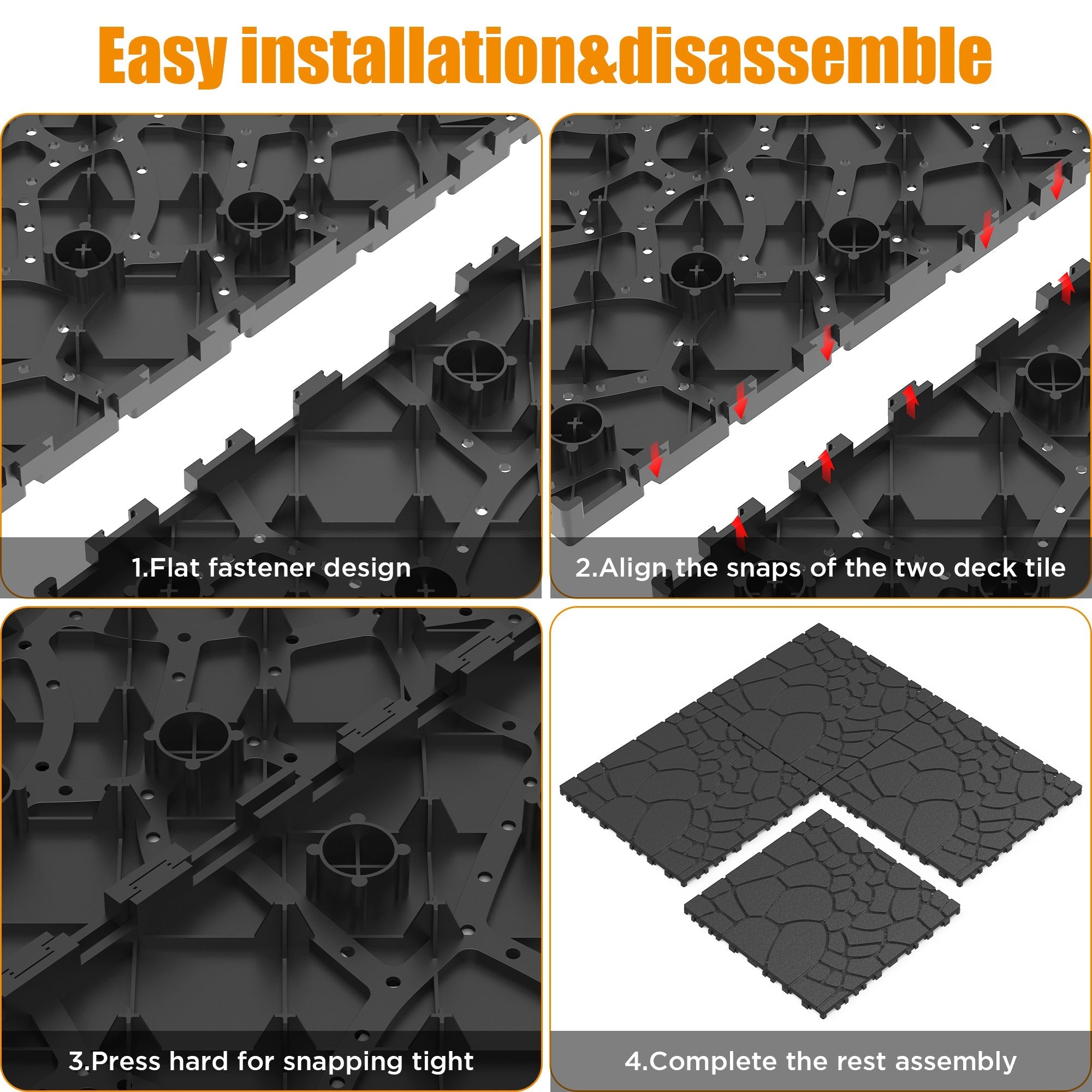 Patio Deck Tiles 12" Stone Texture Interlocking 44pcs - DARK GRAY