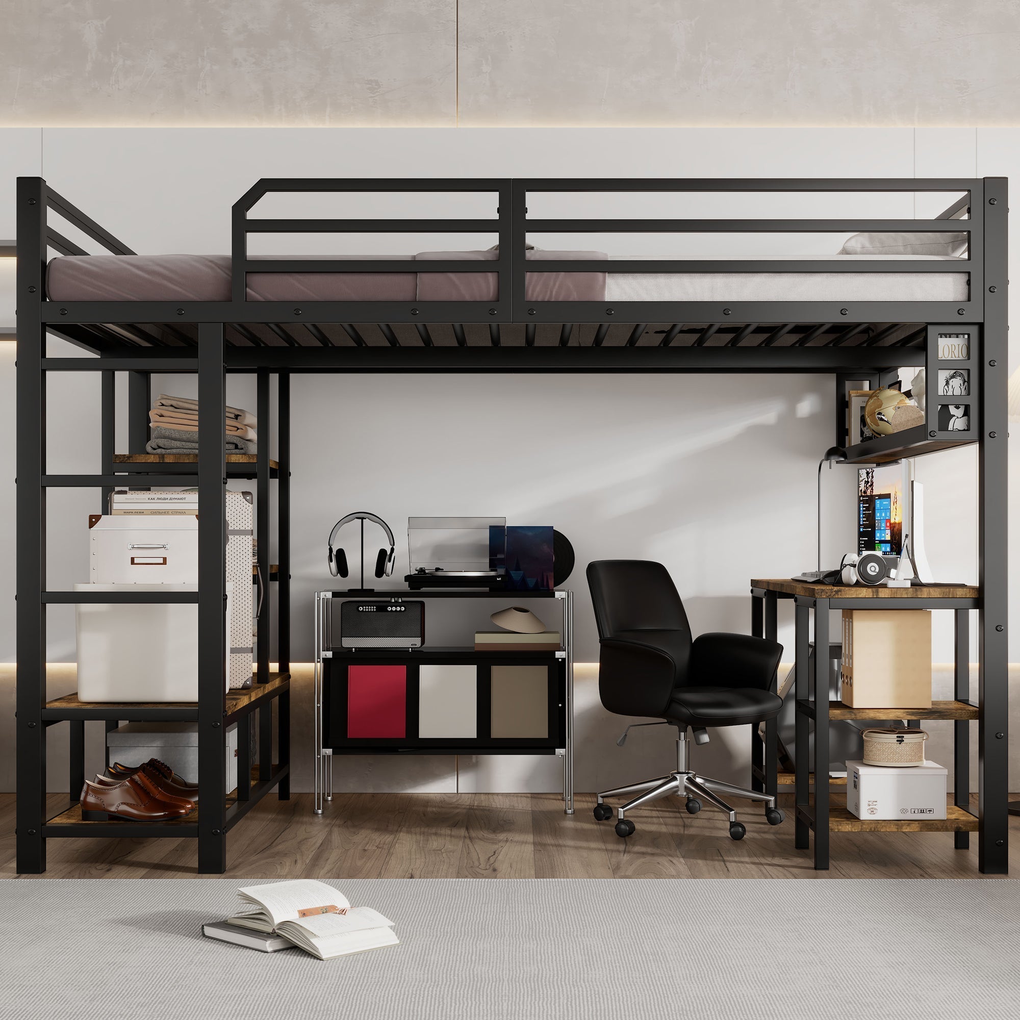 Loft Bed with Desk, Storage, Sturdy Slats, 4-Step Ladder, 120x200cm, Iron + Chipboard Black/Dark