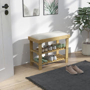 Bamboo Shoe Storage Bench, 3-Tier with Seat Cushion, Cream White