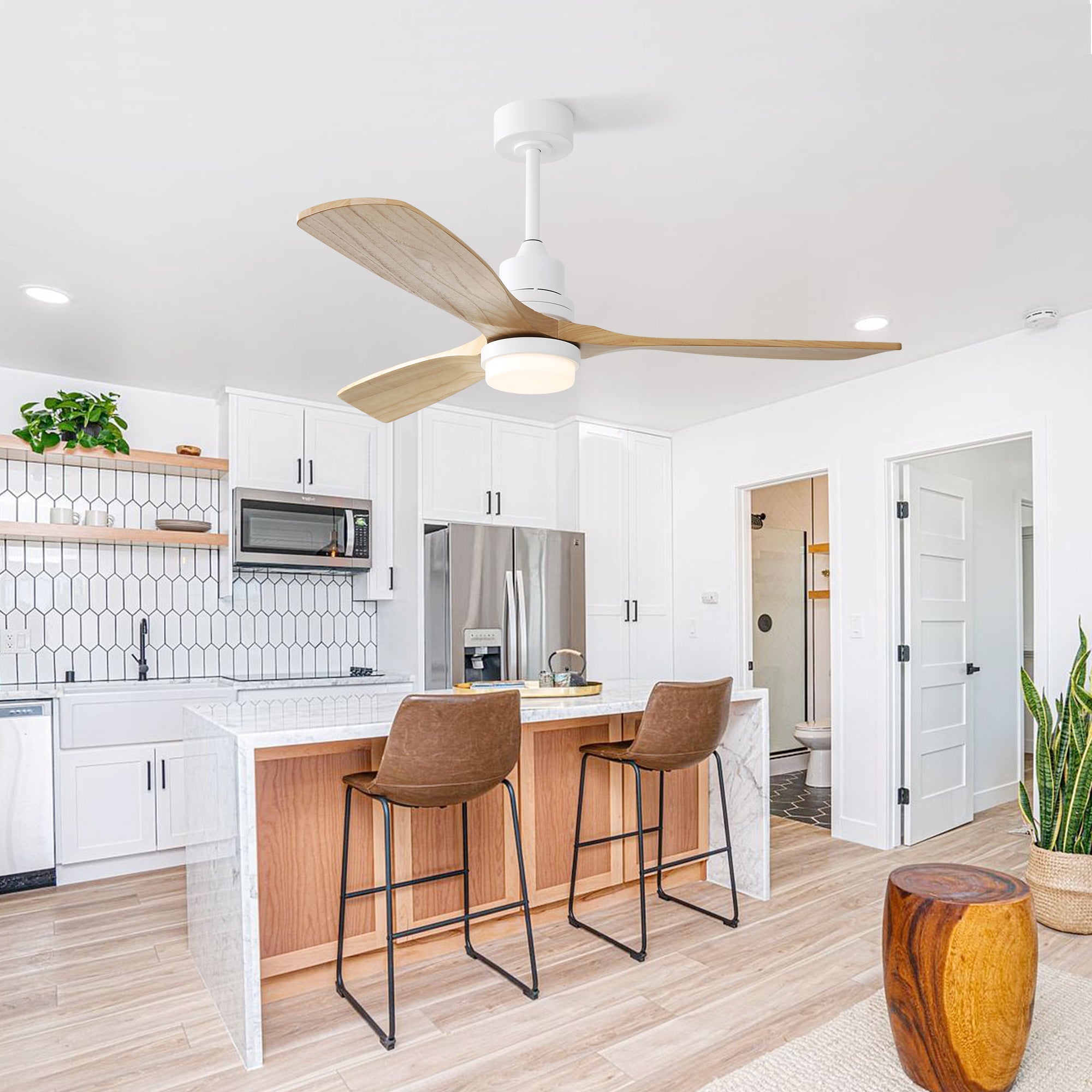 52-inch Ceiling Fan, Dimmable LED Light, 6 Speed, Reversible DC Motor, Wooden Blades