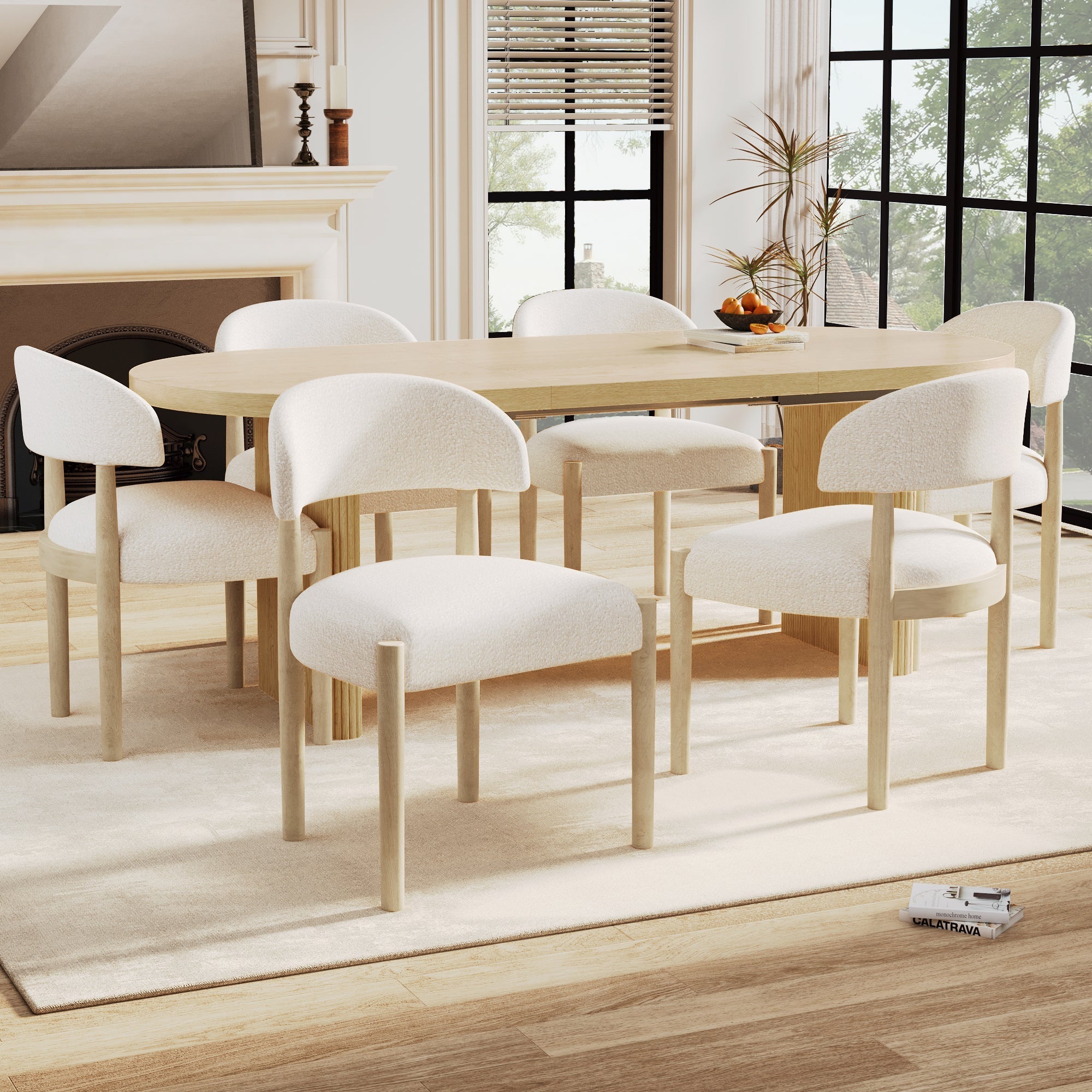 Solid Wood Dining Chairs Set of 2 Modern Bouclé Natural