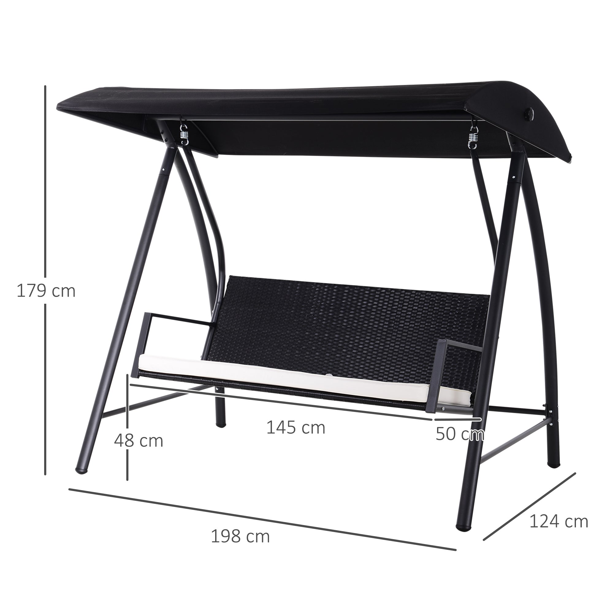 Hollywood Swing 3-Seater Garden Swing with Canopy, Black Polyrattan and Metal