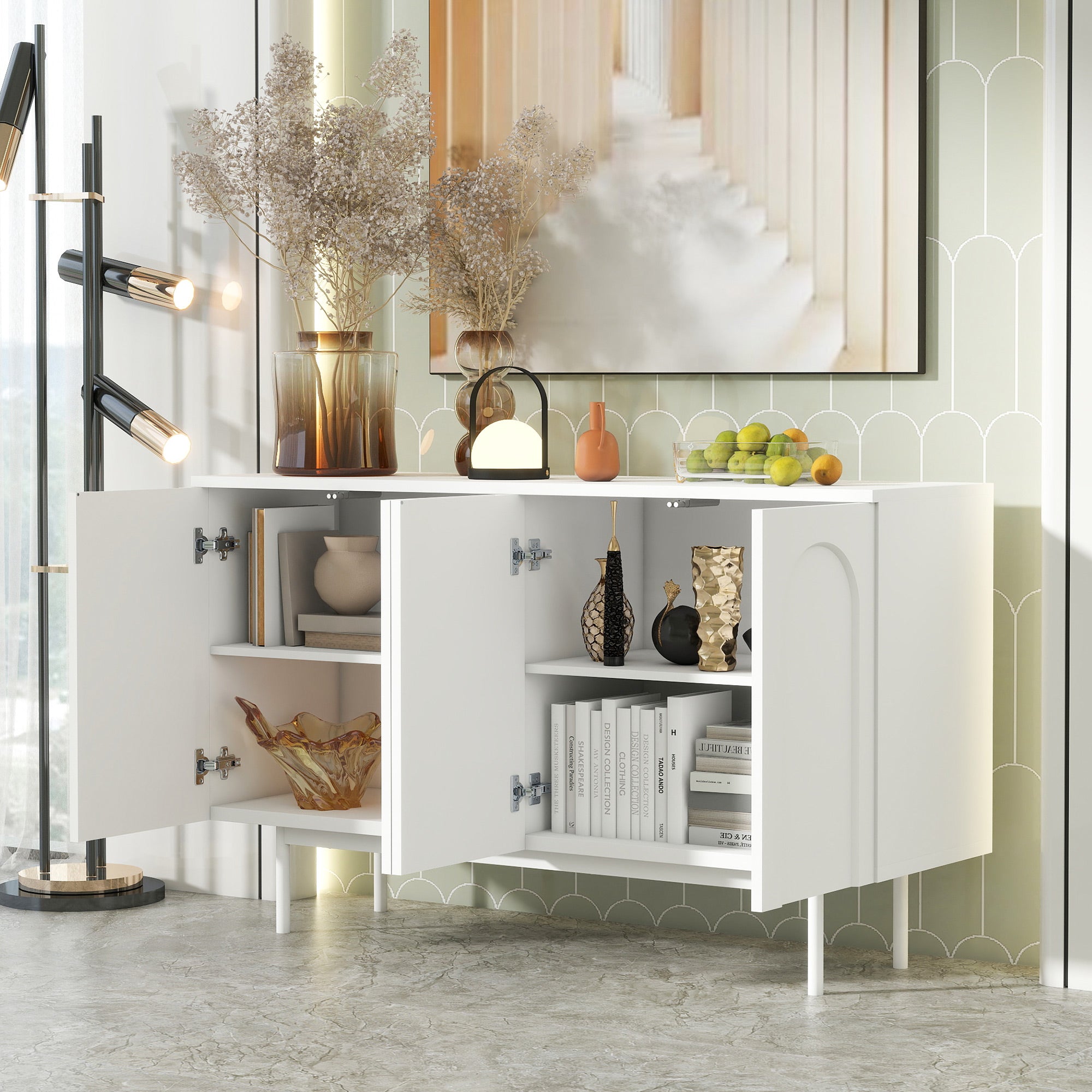 Sideboard, Minimalist Arched Pattern 4-Door, Pure White