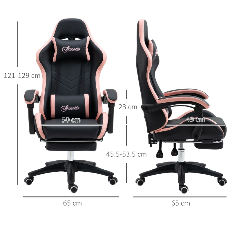 Computer Gaming Chair, 135° Reclining Footrest Lumbar Support, Black and Pink PU Leather