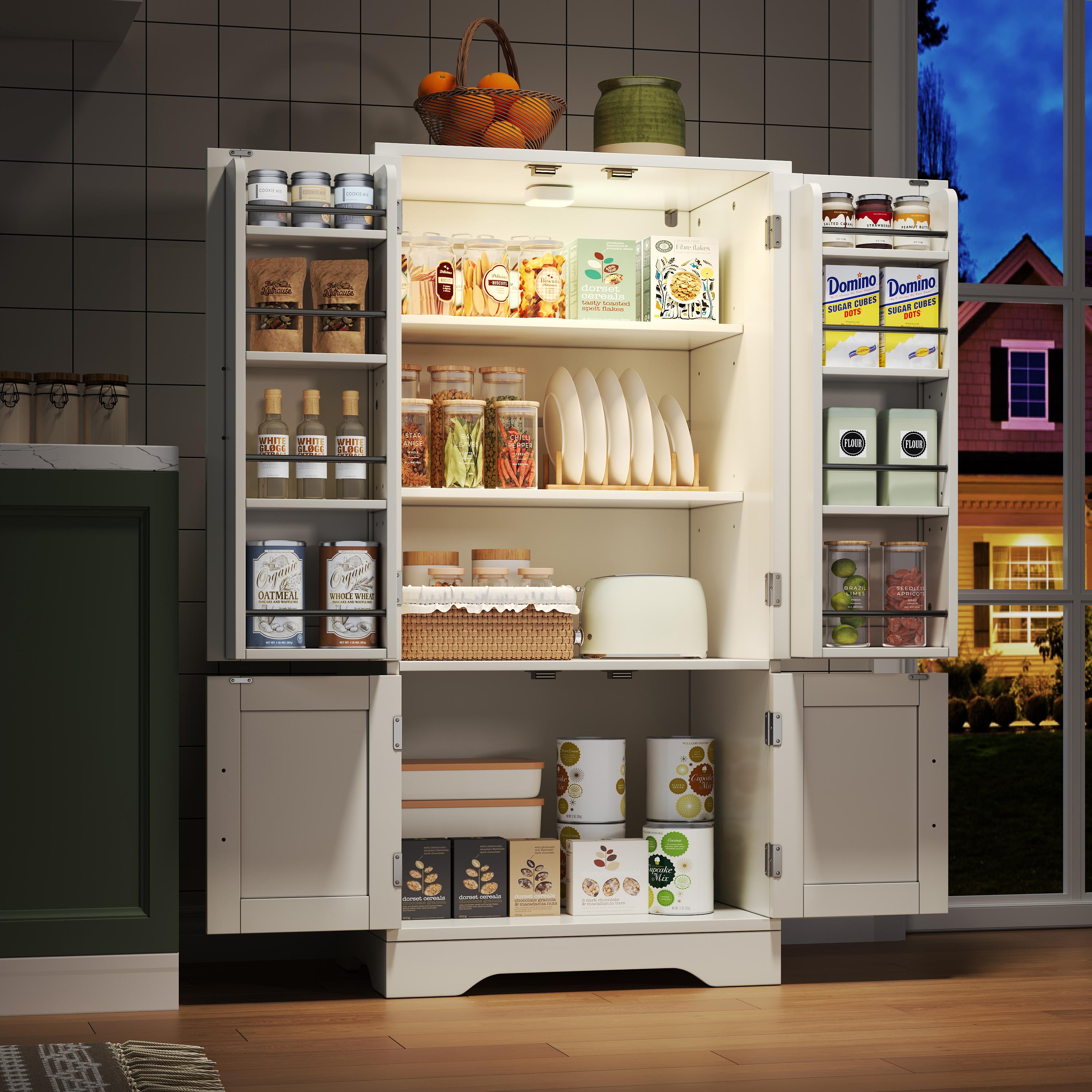 Kitchen Cabinet, LED Sensor Light, 4-Door Storage, Adjustable Shelves, White
