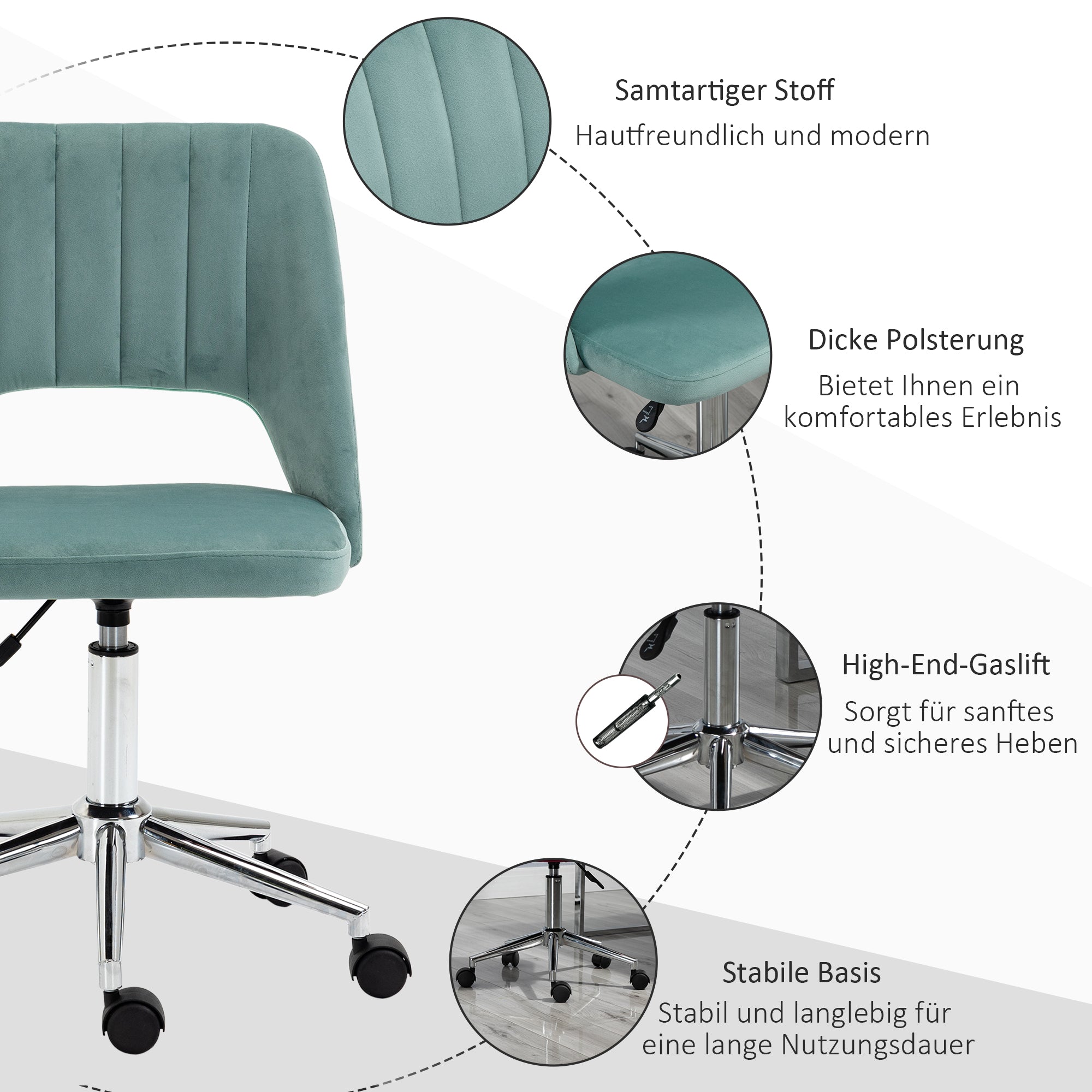 Vinsetto Desk Chair, Adjustable Swivel Office without Armrests, Green Velvet