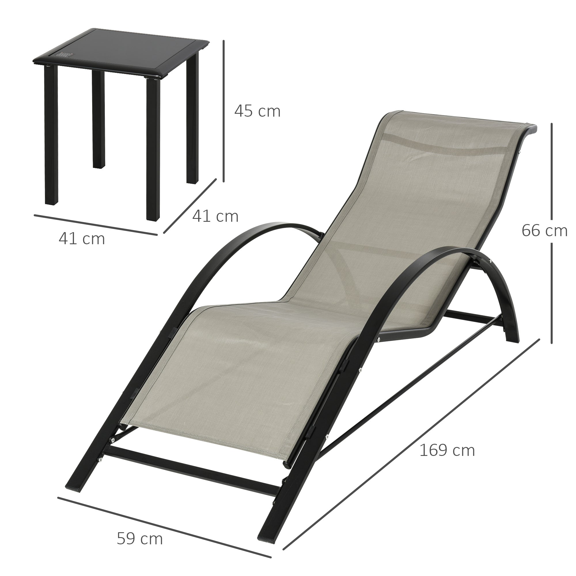 3 Pieces Sun Lounger Chair Set, Outdoor Recliner with Side Table and Armrest, Metal Frame, Grey