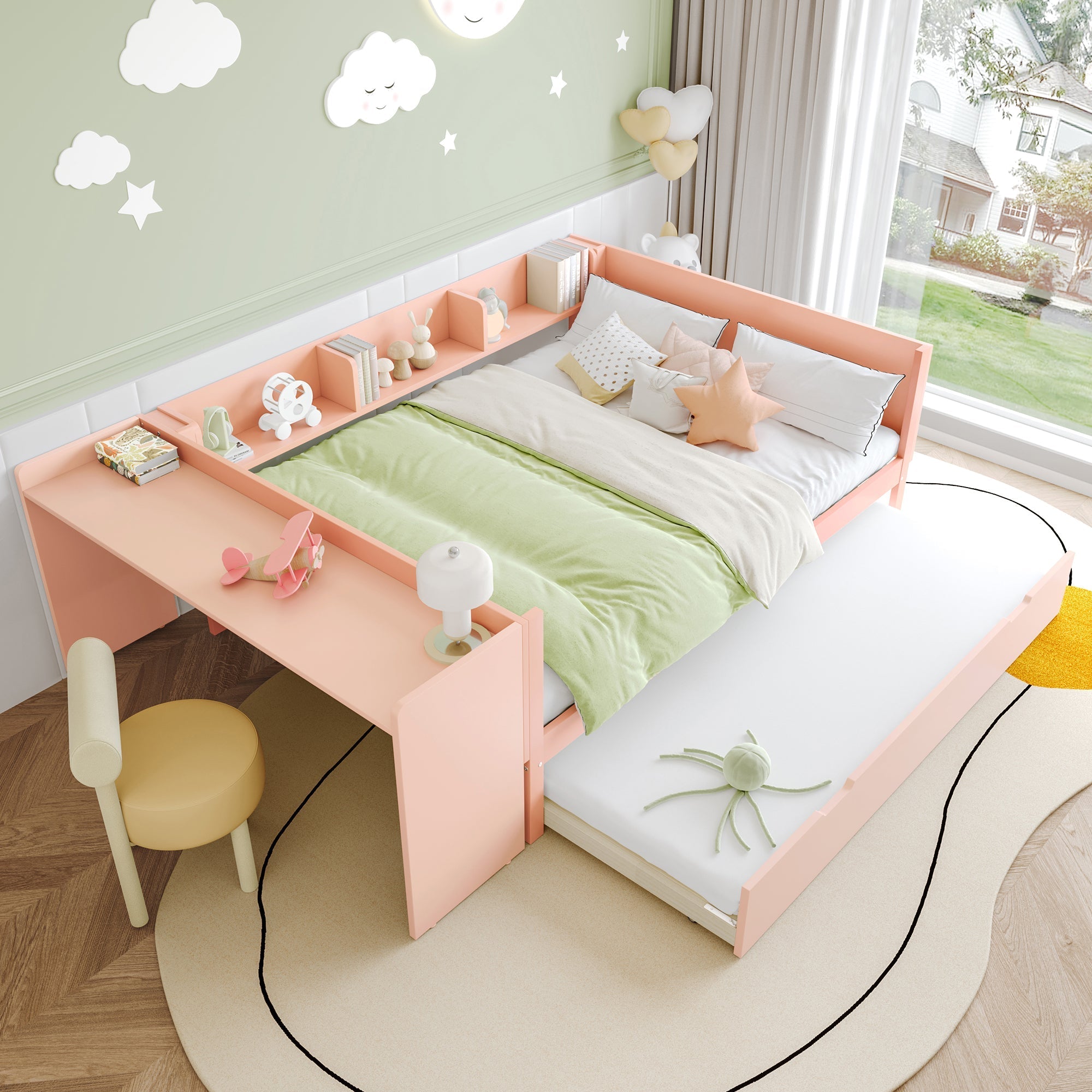 Wooden Flatbed Double Bed with Desk, Trundle and Shelves, 140x200cm, Pink