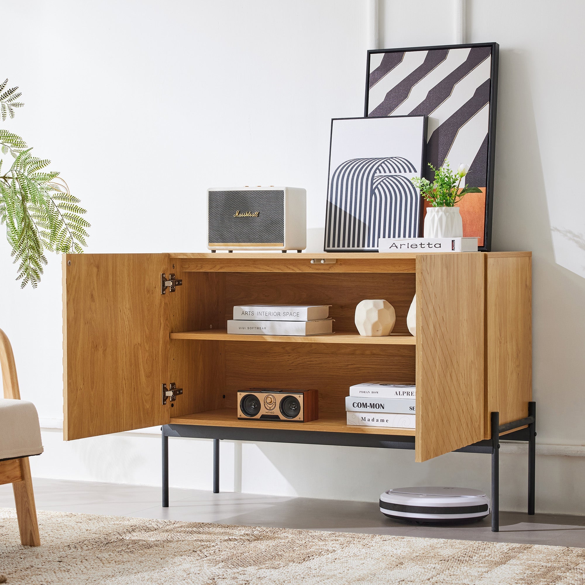 Sideboard with 2 doors and metal legs, linear design, 75x100x40 cm, aluminum