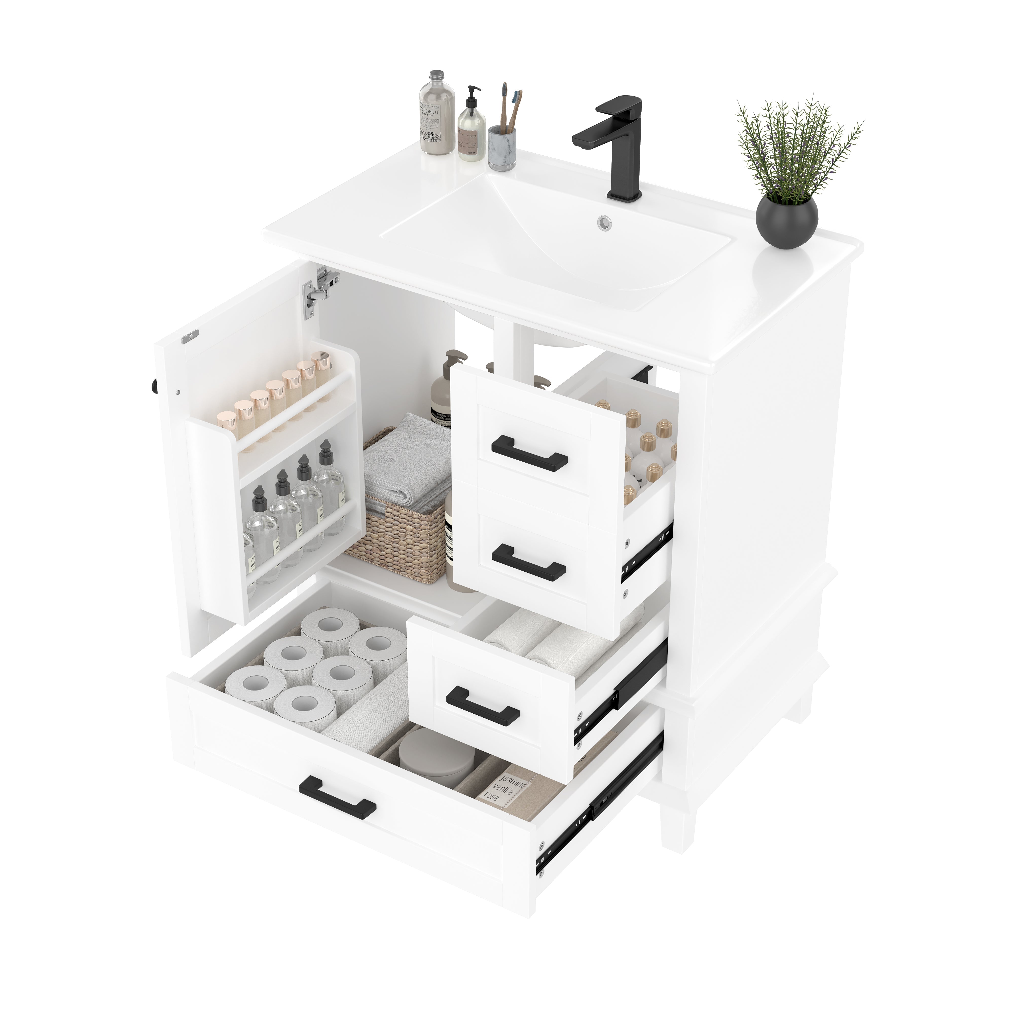 Bathroom Vanity Unit with Ceramic Sink and Three Silent Drawers, White