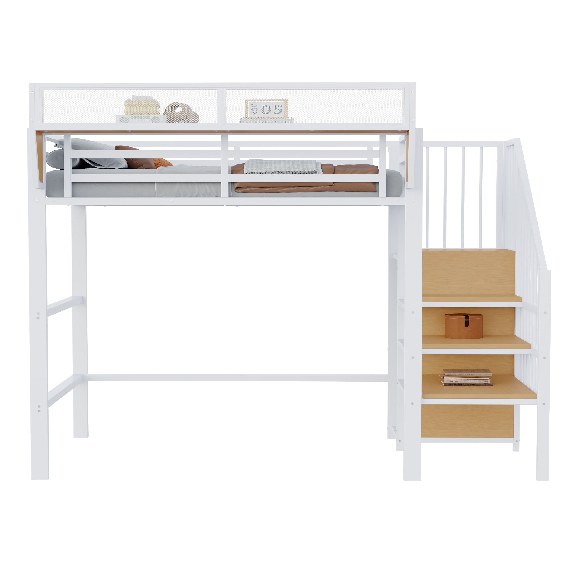 Loft Bed with Safety Ladder and Flexible Storage, 90x200cm, White Metal