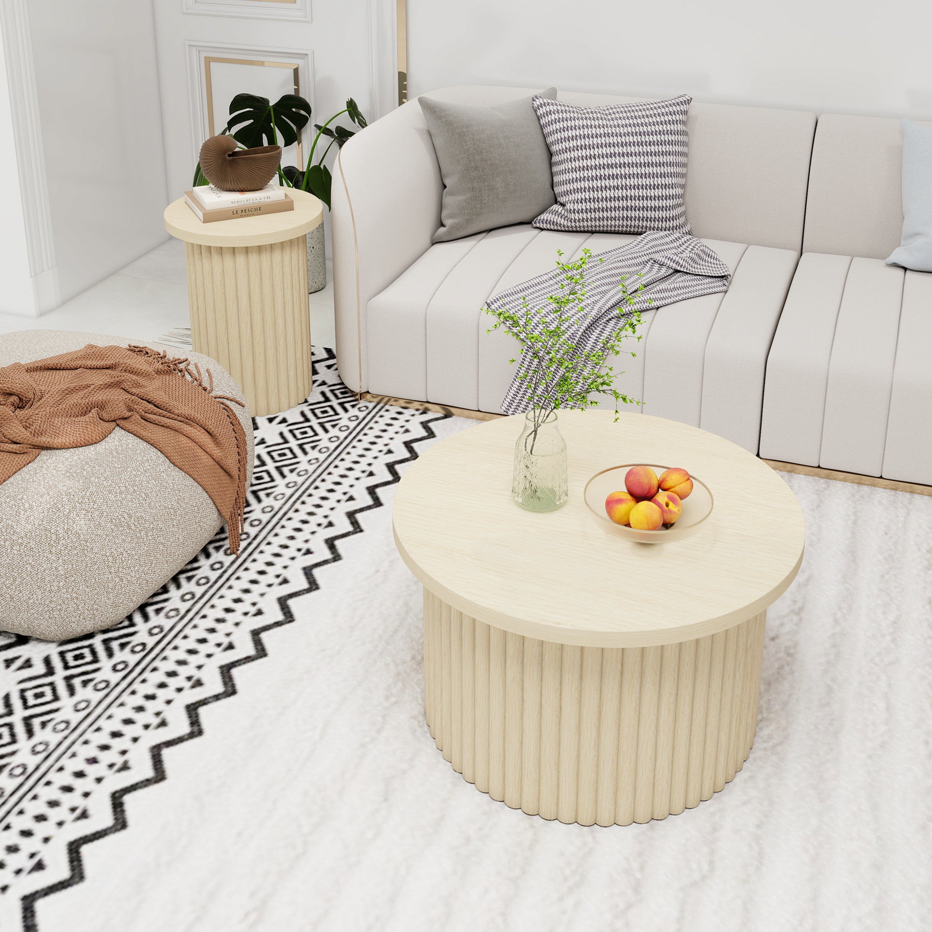 Coffee Table Set, Round 2-Pack Side Table, Natural Wood