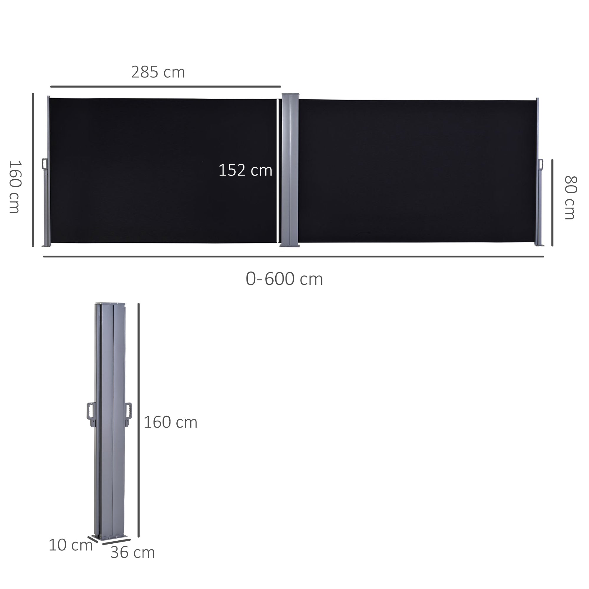 Retractable Awning Double Canopy Side Blind with Steel Frame - Black
