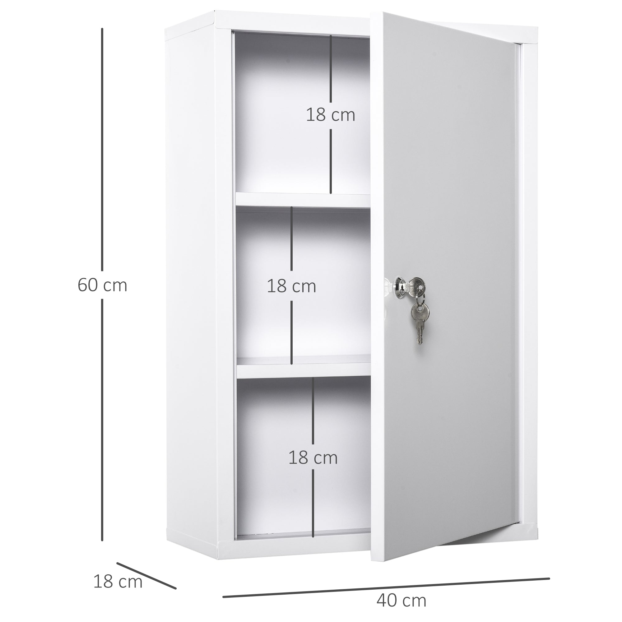 Kleankin first aid cabinet, medicine cabinet with 3 compartments, lockable, white steel