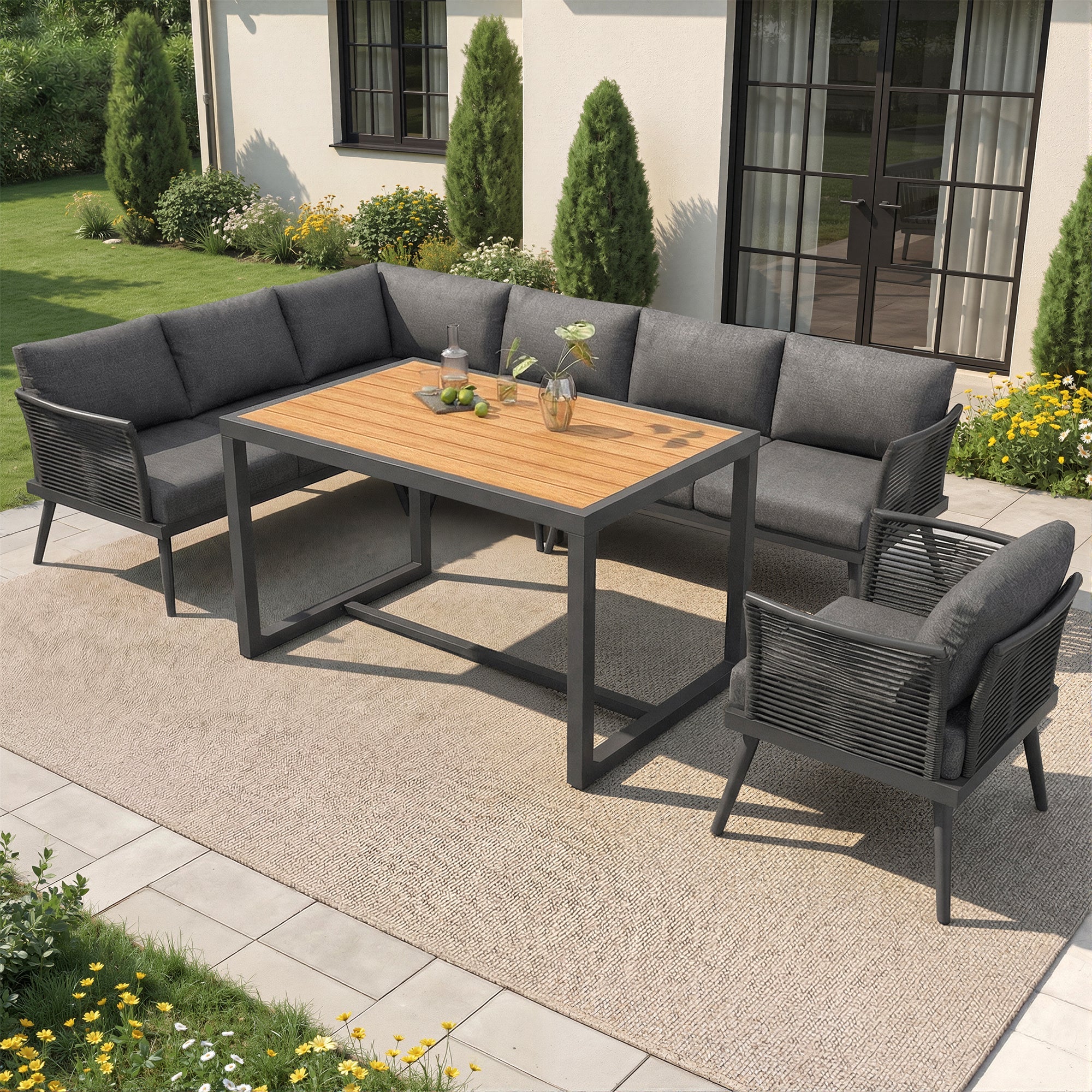 Seven-Seater L-Shaped Garden Sofa Set with Coffee Table and Armchair, Iron and Wood, Grey/Beige