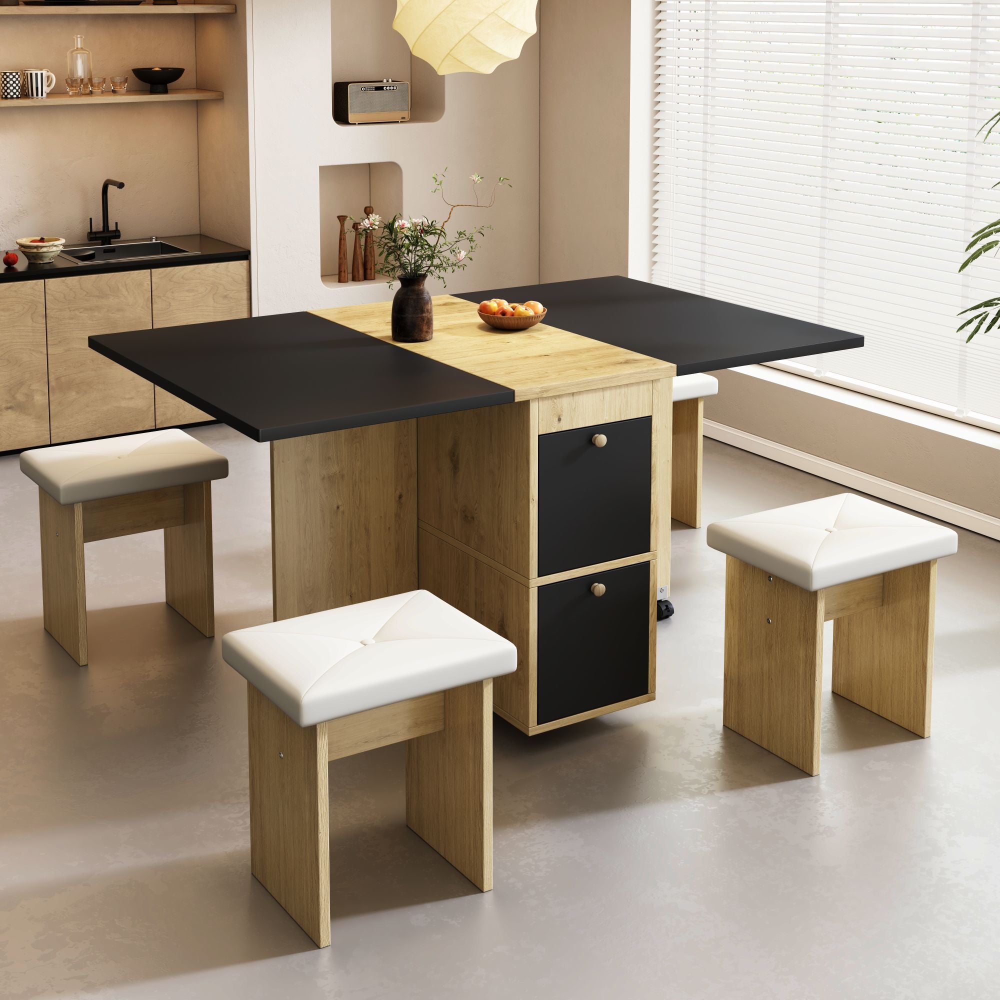 Dining Table Set with 4 Chairs, Folding and Extendable Table, 120x80x75cm, White, Oak and Black