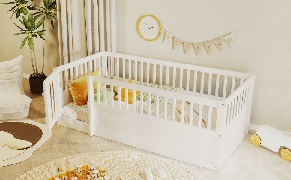 Children's Bed 90x200cm with Railing and Door, White Wood