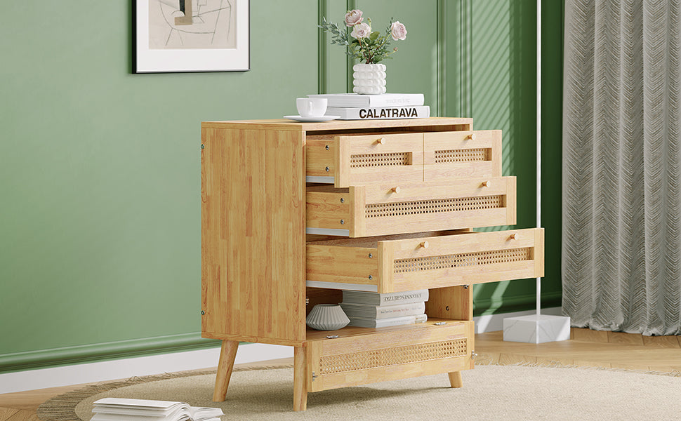 Classic chest of drawers with 3 drawers, rattan drawer top, gold metal handle, wooden legs, chipboard