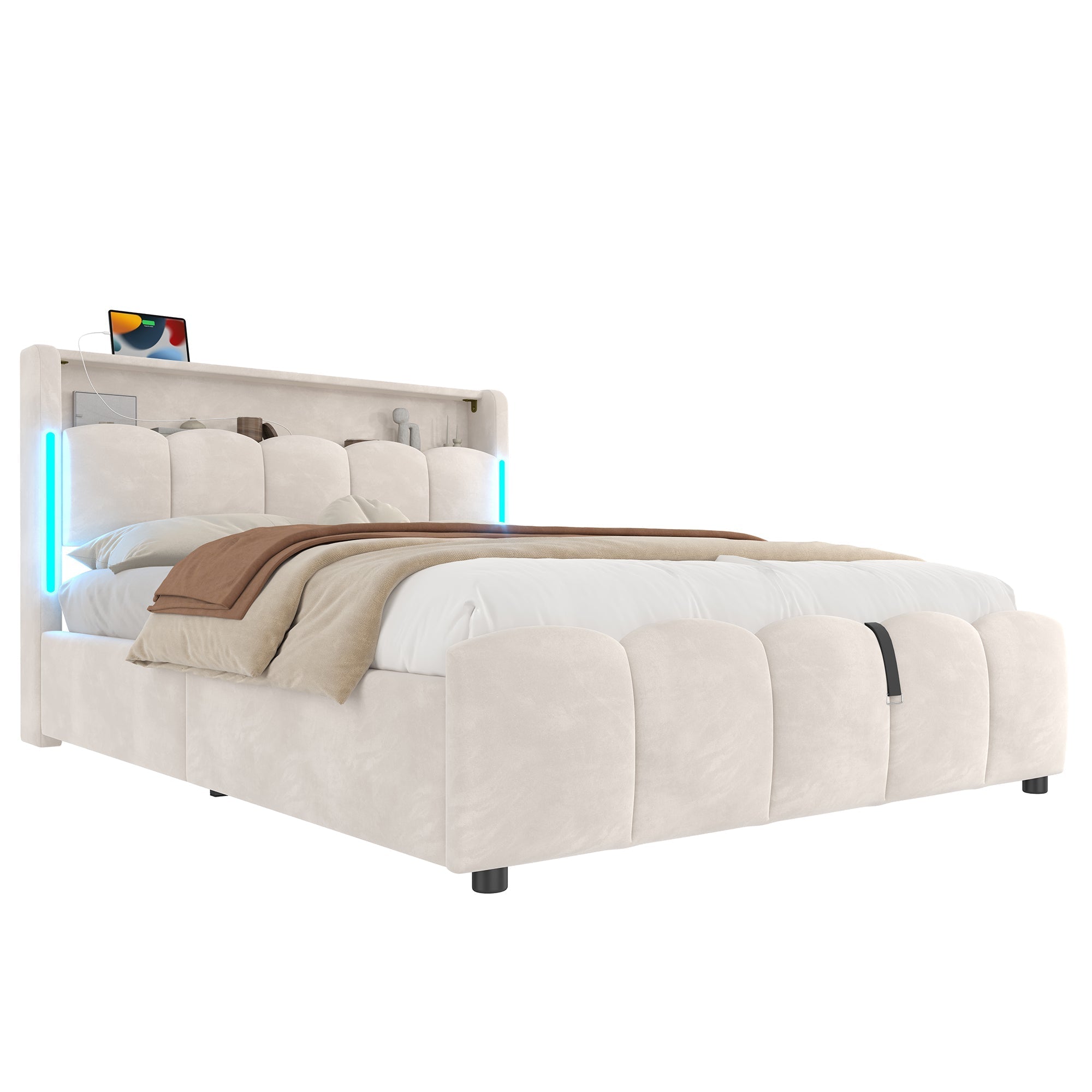 Upholstered Bed 140x200cm Hydraulic Storage LED Headboard USB/Type-C Ports - Beige Velvet