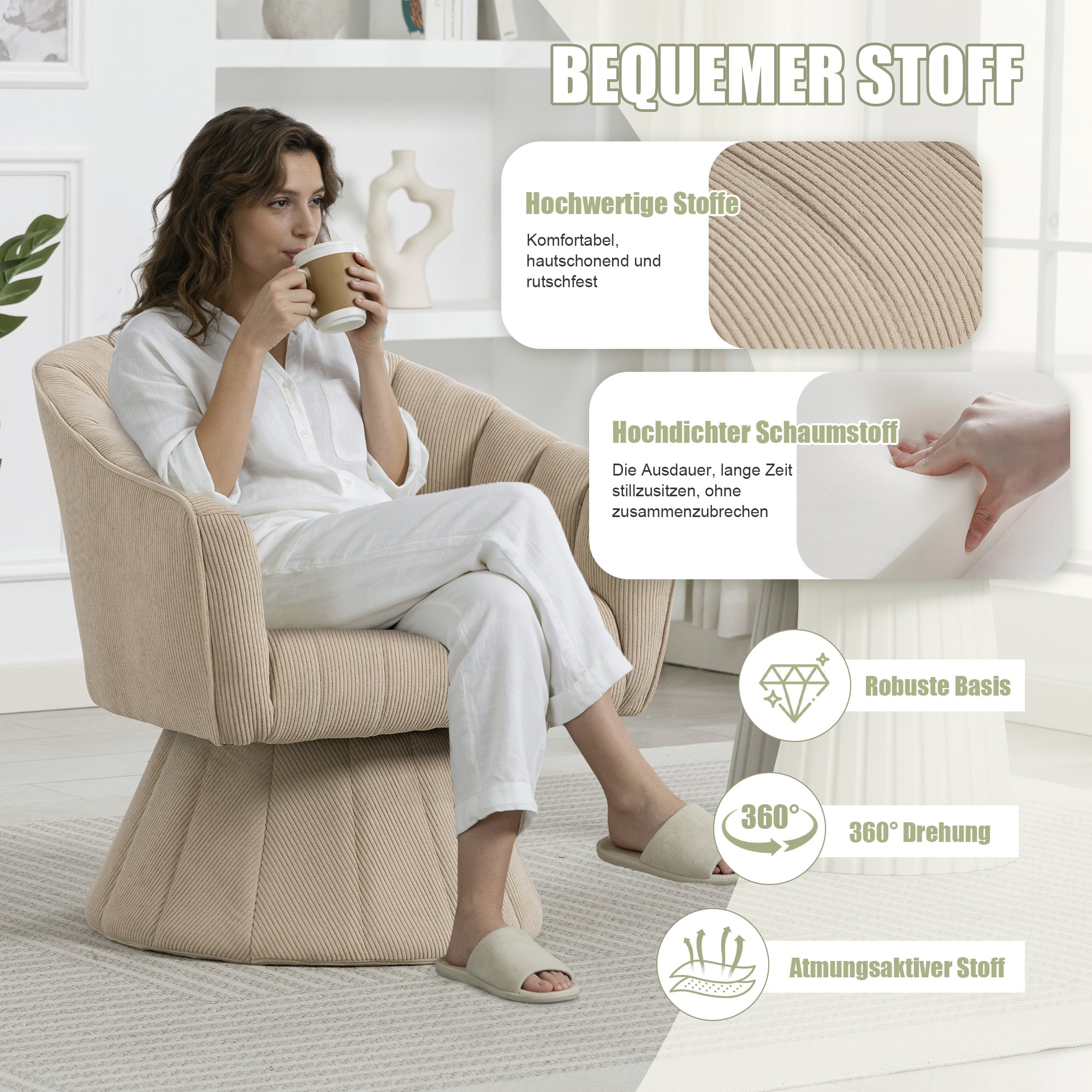 360° Swivel Chair with Ergonomic Cushions and Wraparound Armrests, Khaki