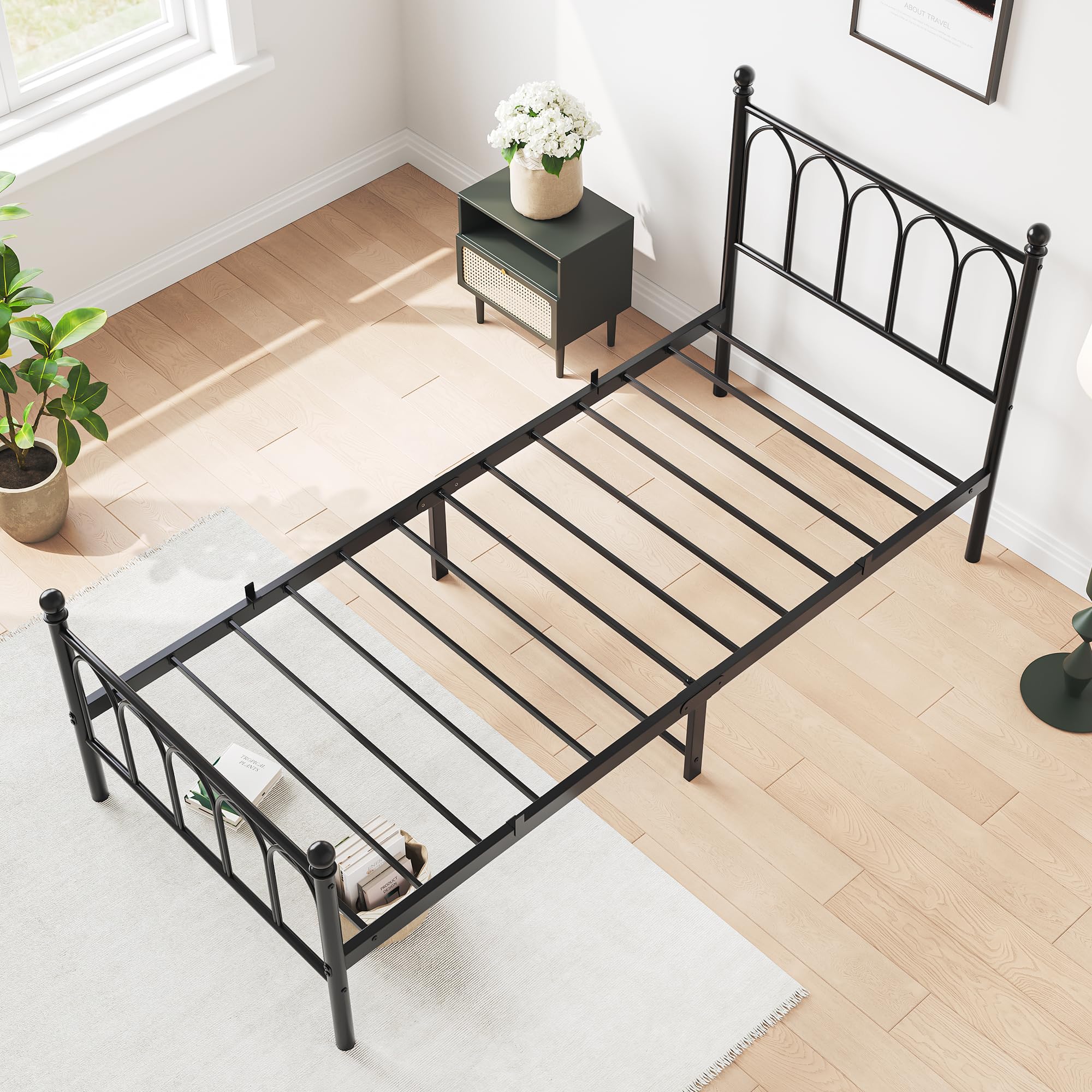 Metal Bed Frame 90x200cm Vintage Headboard Footboard Under-bed Storage - Black