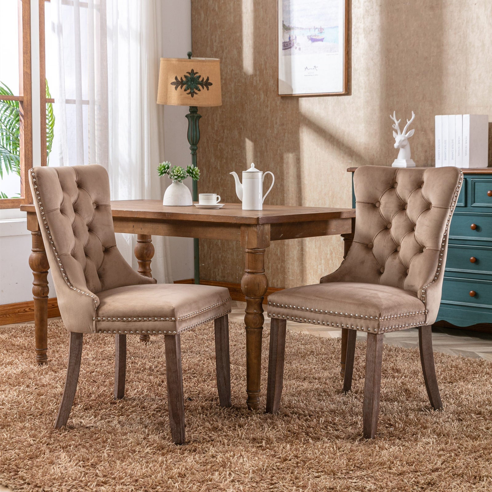 Nikki Collection Tufted Velvet Dining Chair Nailhead Trim 2-Pc Set - Khaki