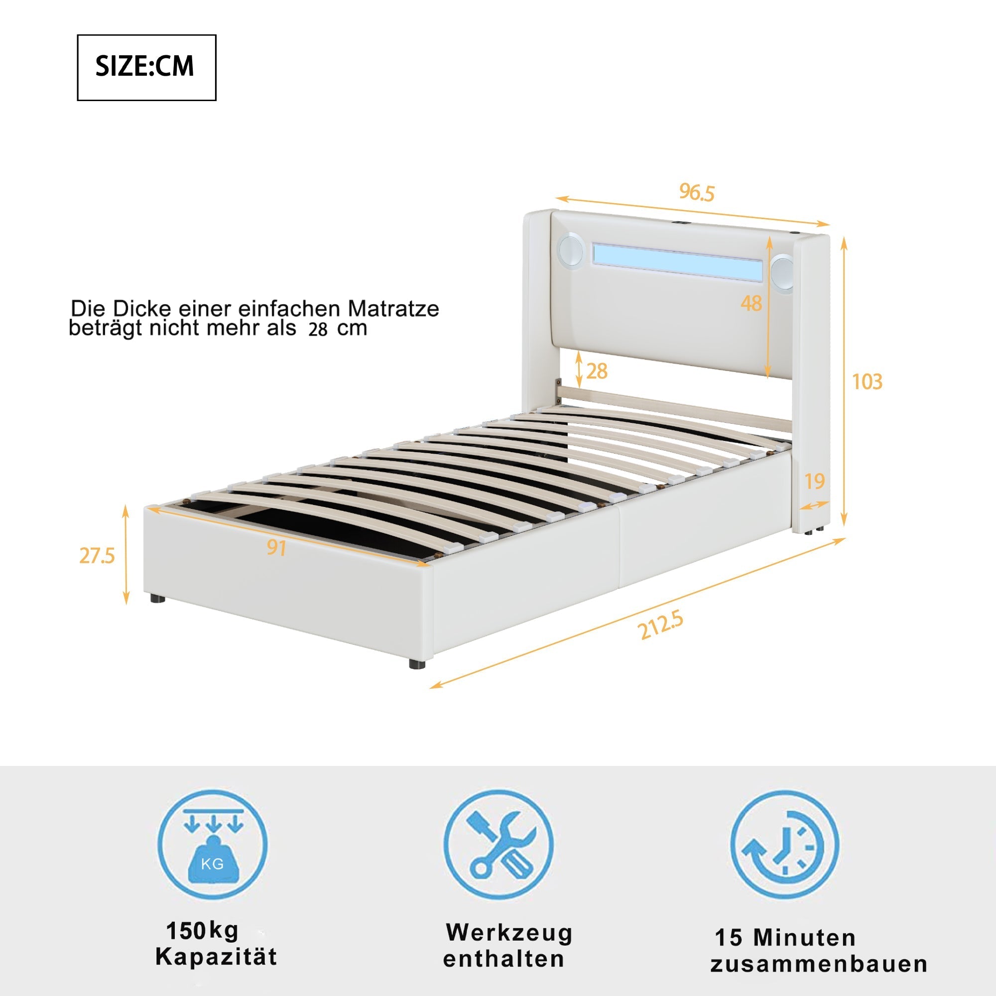 Upholstered Bed with LED Lights, Bluetooth Player, USB Ports and Hydraulic Storage, White PU Leather
