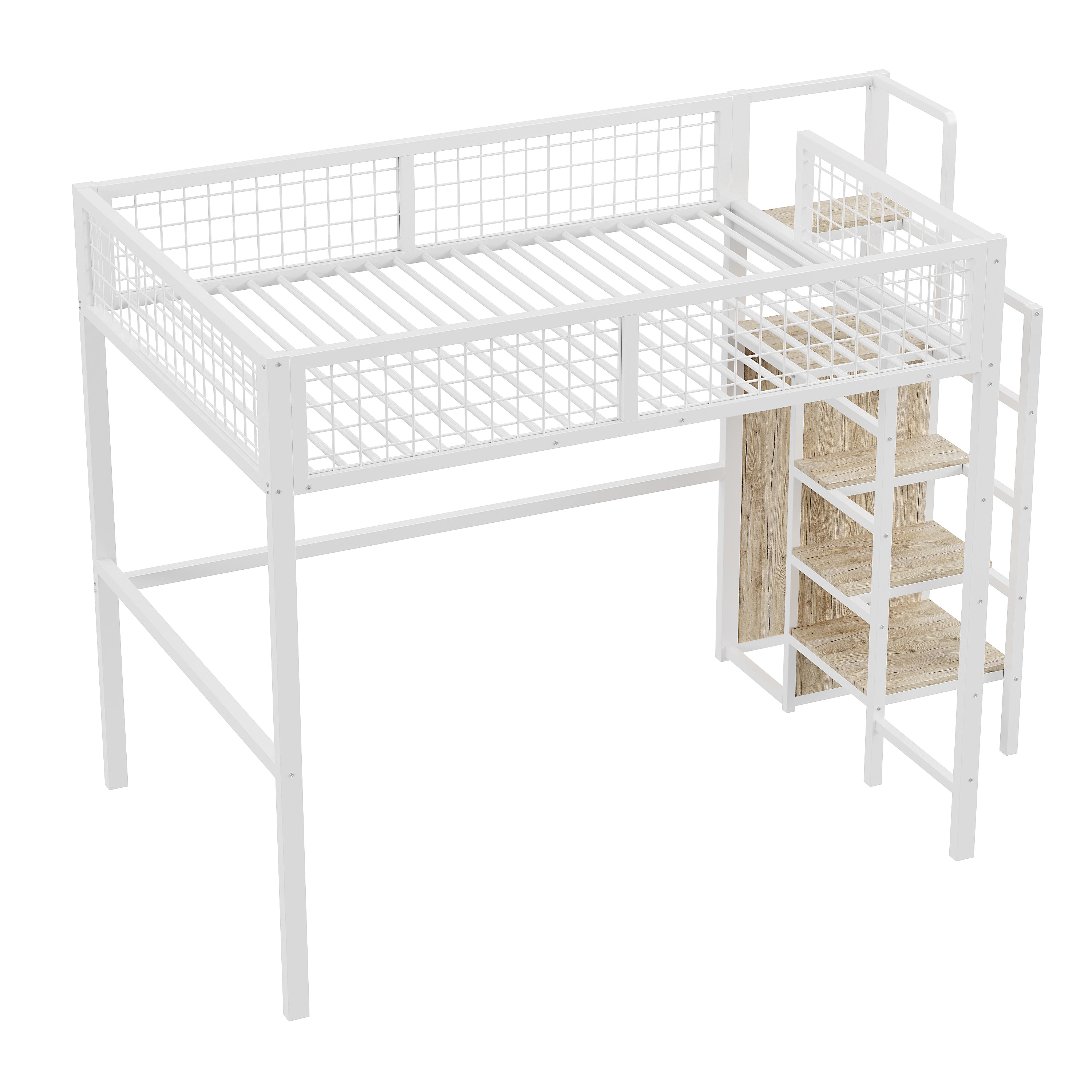 Loft Bed with Integrated Wardrobe and Safety Ladder, Black and White MDF and Metal