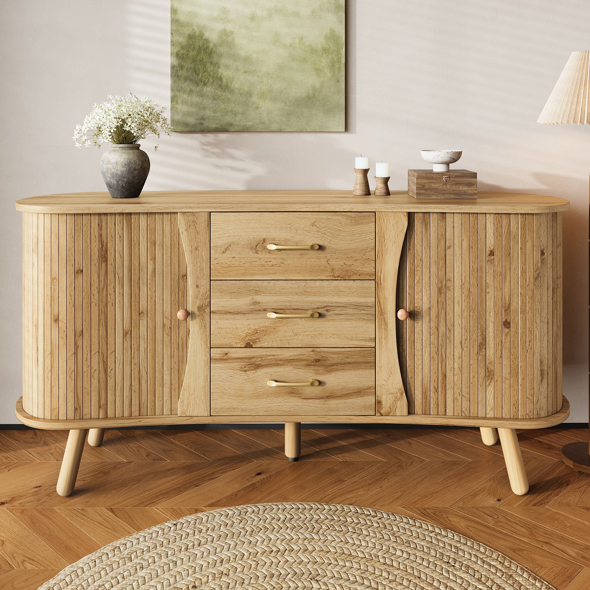 Scandinavian Pea-Shaped Sideboard with 2 Sliding Doors and 3 Drawers, Wood Look MDF