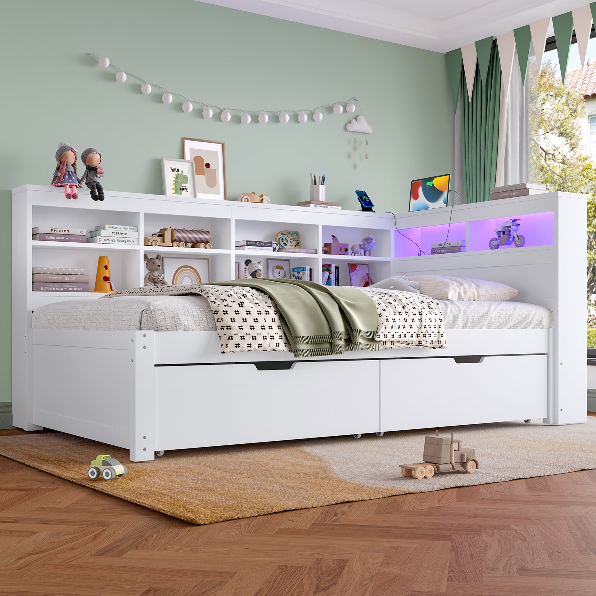 3ft Single Daybed, LED Bed Frame w/ Storage Drawers & Charging Station, Wood, White