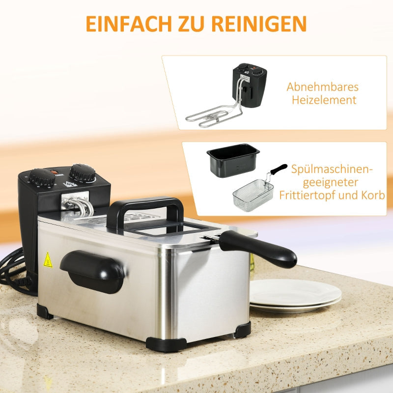 Fritteuse 3L, einstellbarer Thermostat, Edelstahl Silber