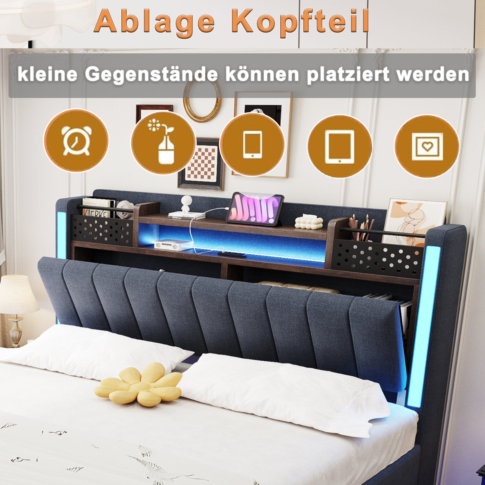 Upholstered Bed, 140x200, LED & USB, Storage Headboard, Floating Design, Grey Linen