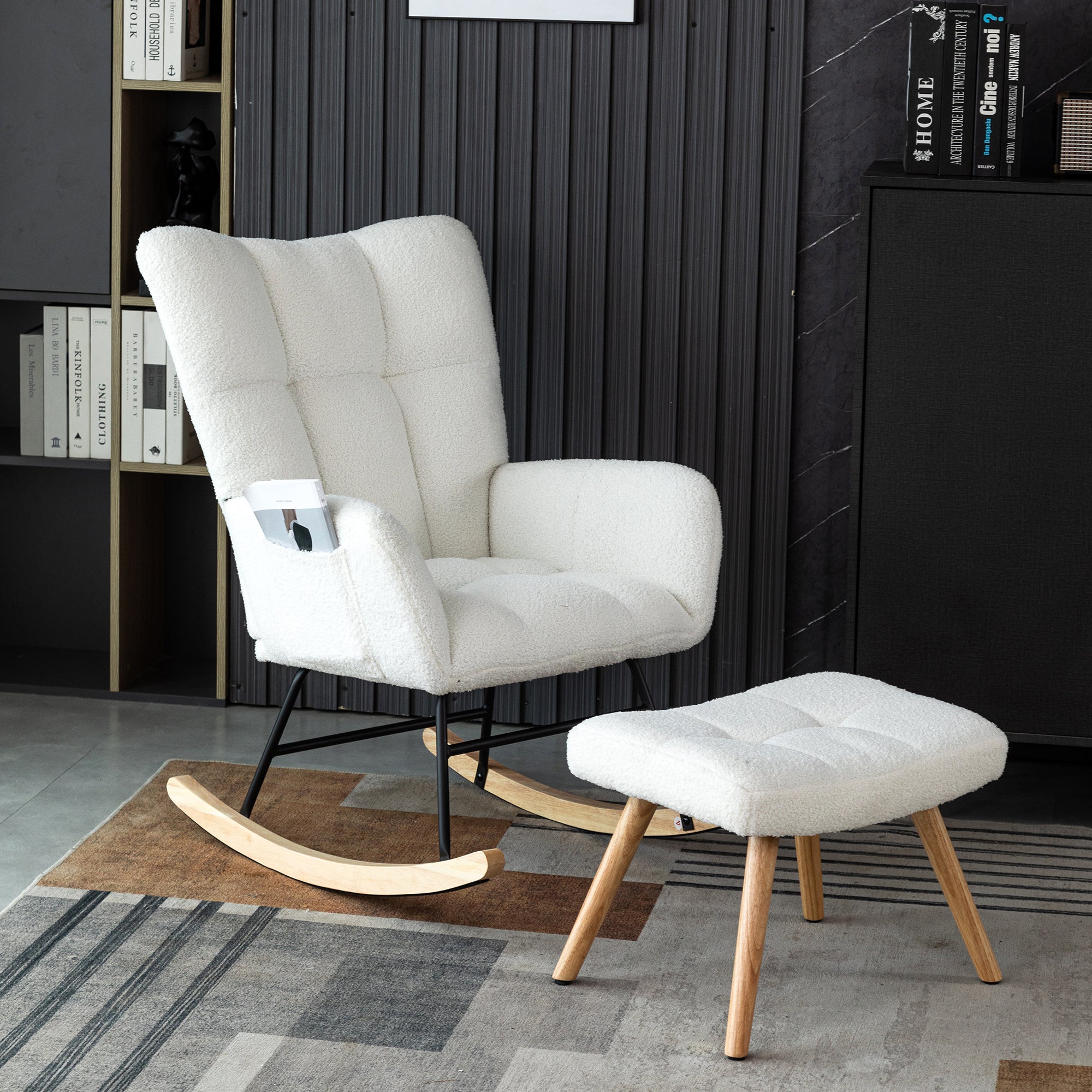 Ergonomic Rocking Chair with Footstool, Rubber Wood Frame, White
